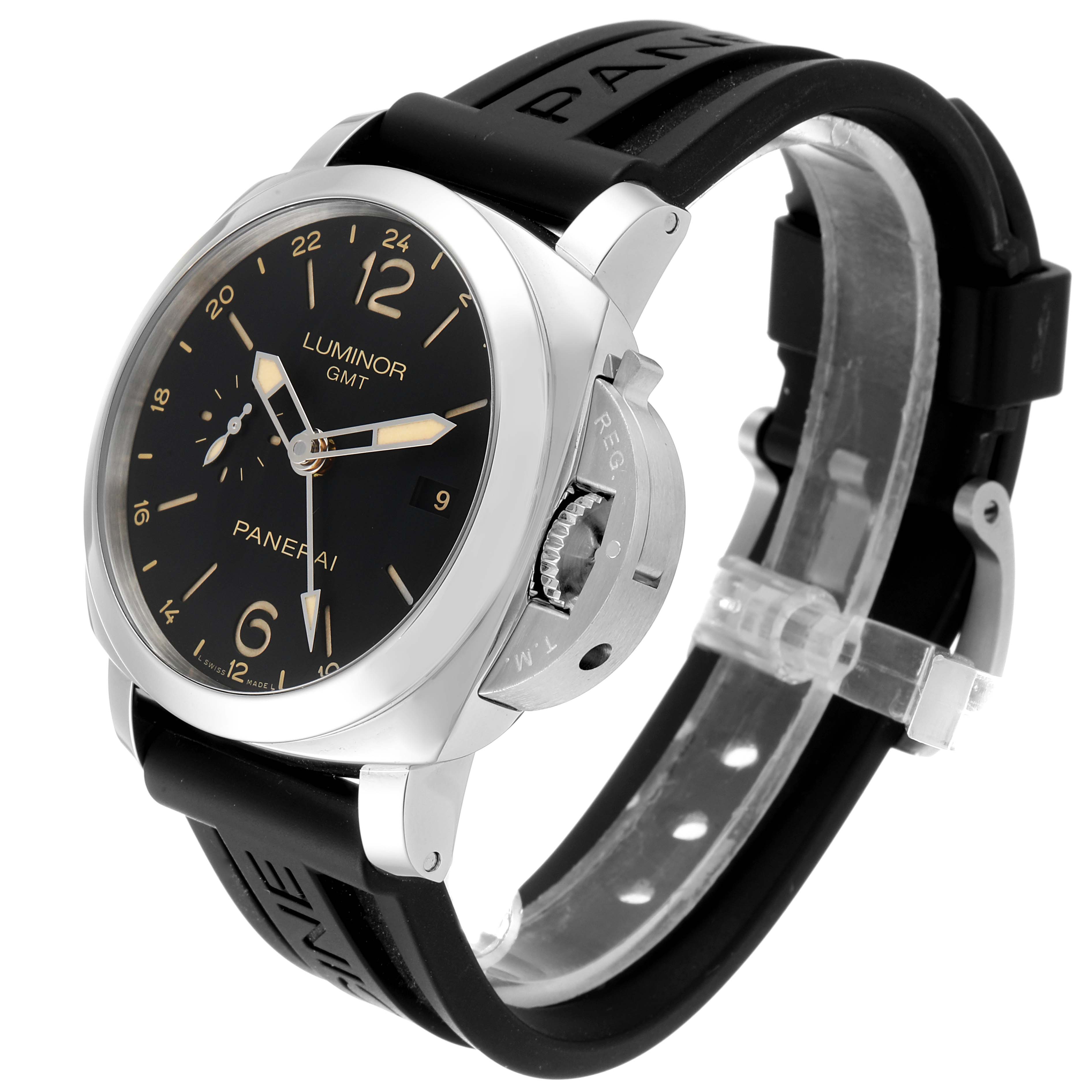 The Panerai Luminor PAM00531 Men
s Stainless Steel Black Dial PAM00531 Men
s Stainless Steel Black Dial watch is shown at a three-quarter angle, highlighting the face, crown guard, and black rubber strap.