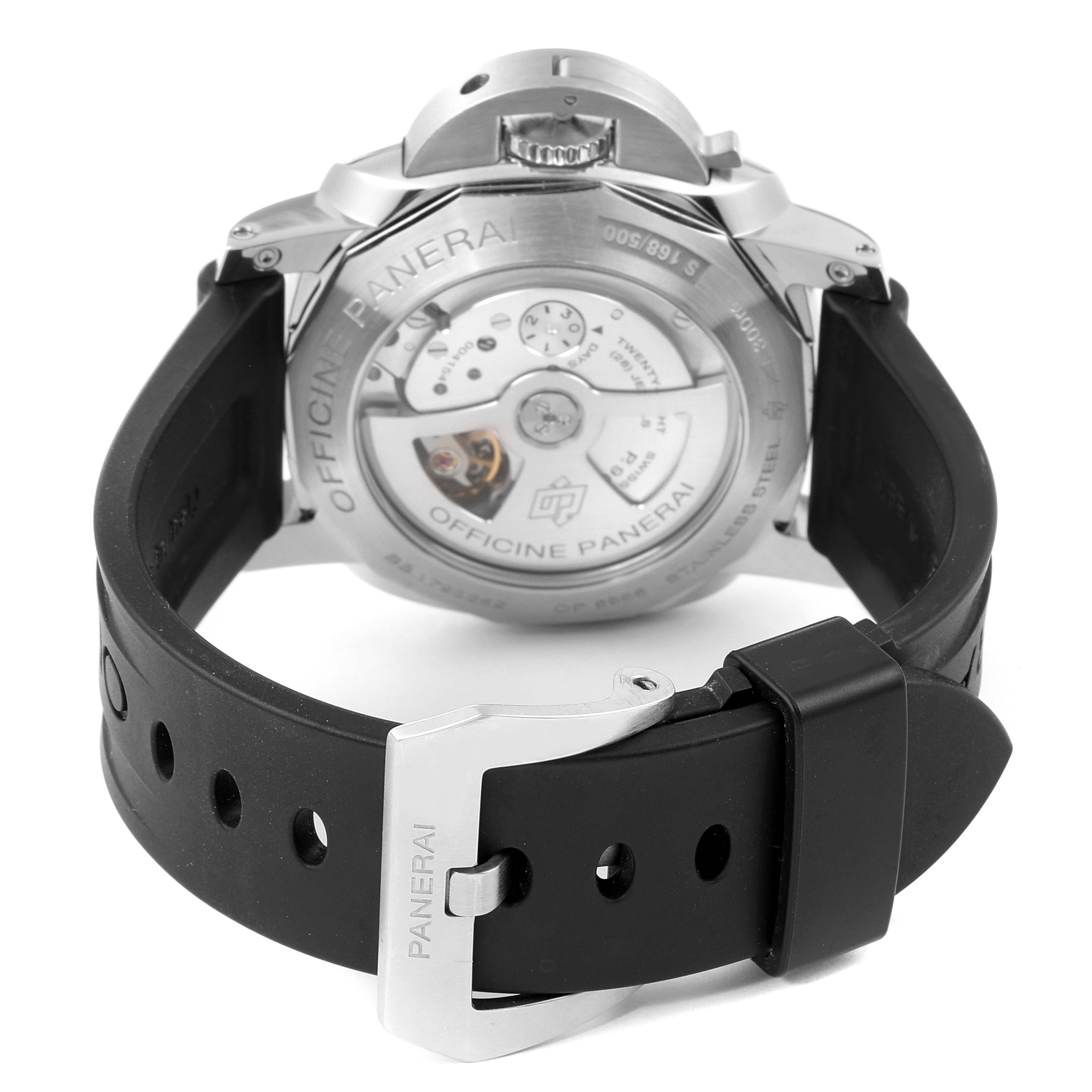 This image shows the back view of the Panerai Luminor PAM00531 Men
s Stainless Steel Black Dial PAM00531 Men
s Stainless Steel Black Dial watch, featuring its movement and "Officine Panerai" inscription, along with the black strap and buckle.