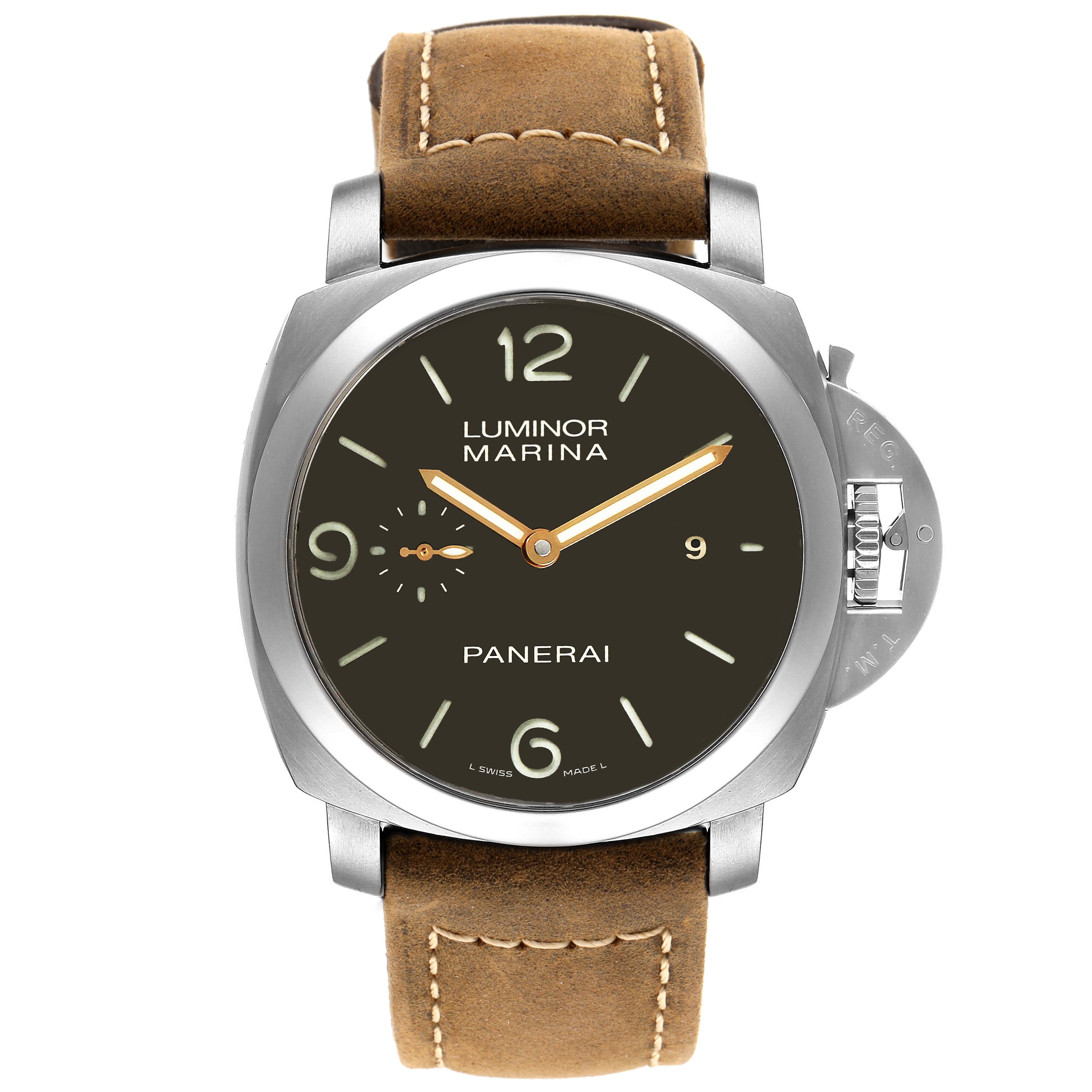 The image shows a frontal view of the Panerai Luminor PAM00351 Men
s Titanium Black Dial PAM00351 Men
s Titanium Black Dial Marina watch, featuring a brown leather strap and black dial.