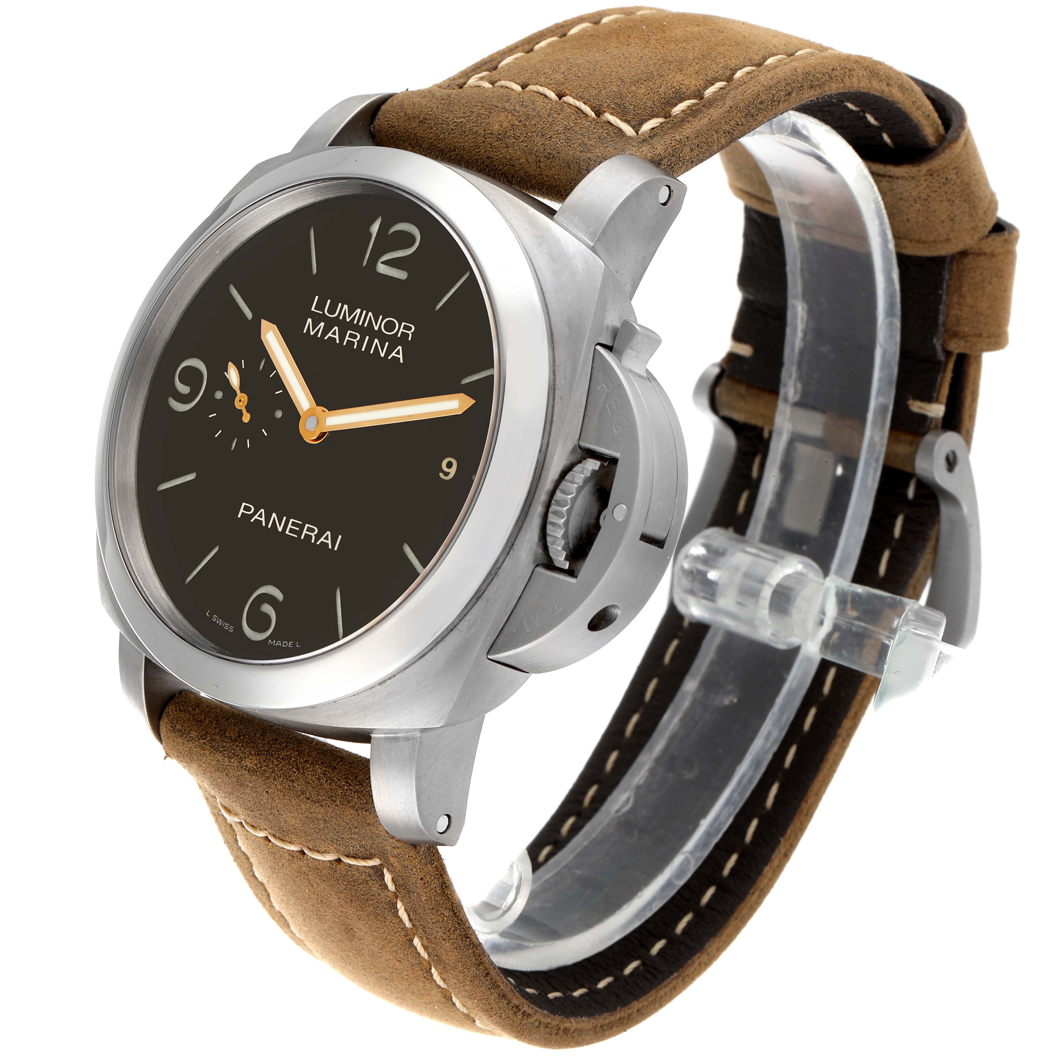 The Panerai Luminor PAM00351 Men
s Titanium Black Dial PAM00351 Men
s Titanium Black Dial watch is shown at a front-left angle, highlighting the dial, case, and brown suede strap.