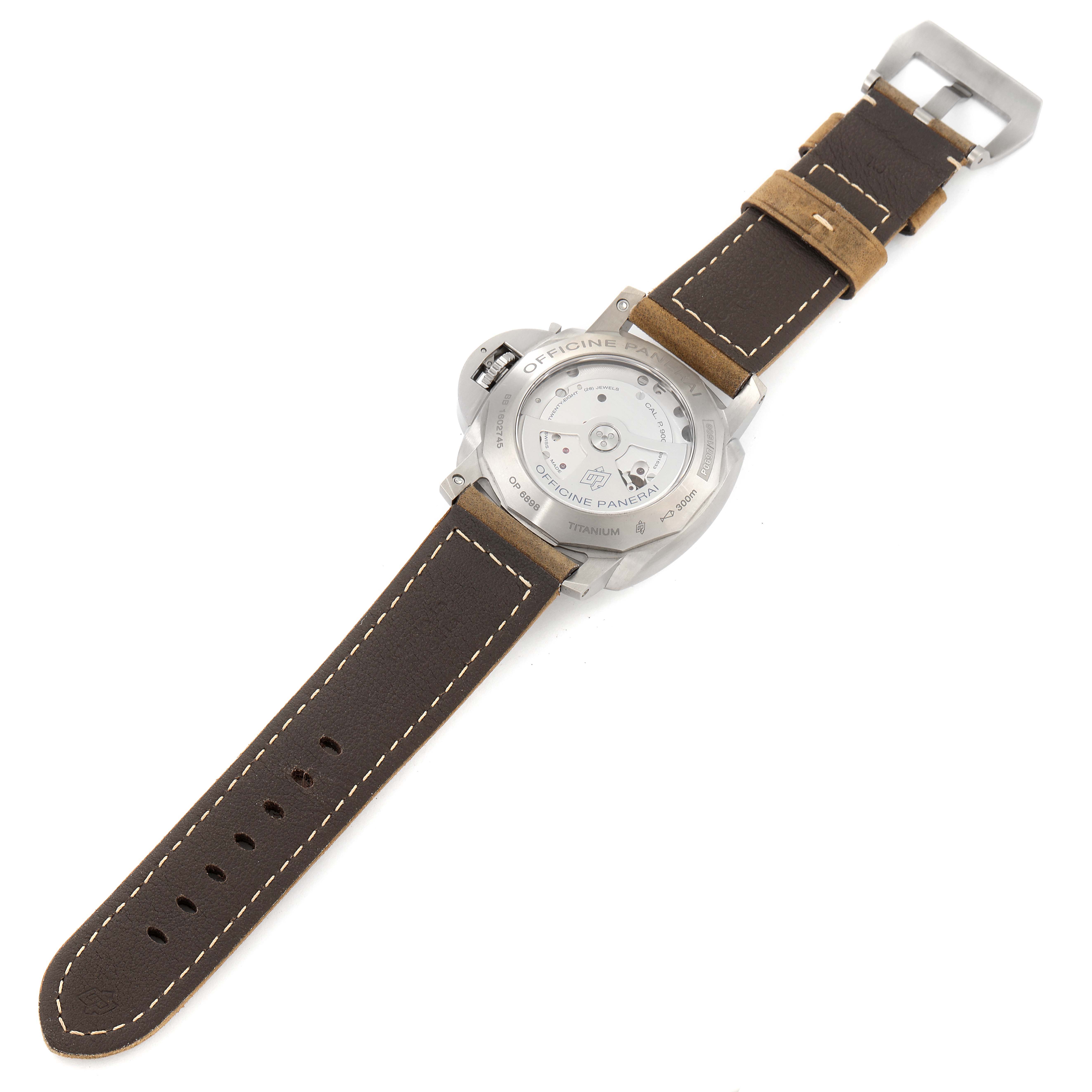 This image shows the back view of the Panerai Luminor PAM00351 Men
s Titanium Black Dial PAM00351 Men
s Titanium Black Dial watch, including its leather strap and caseback details.