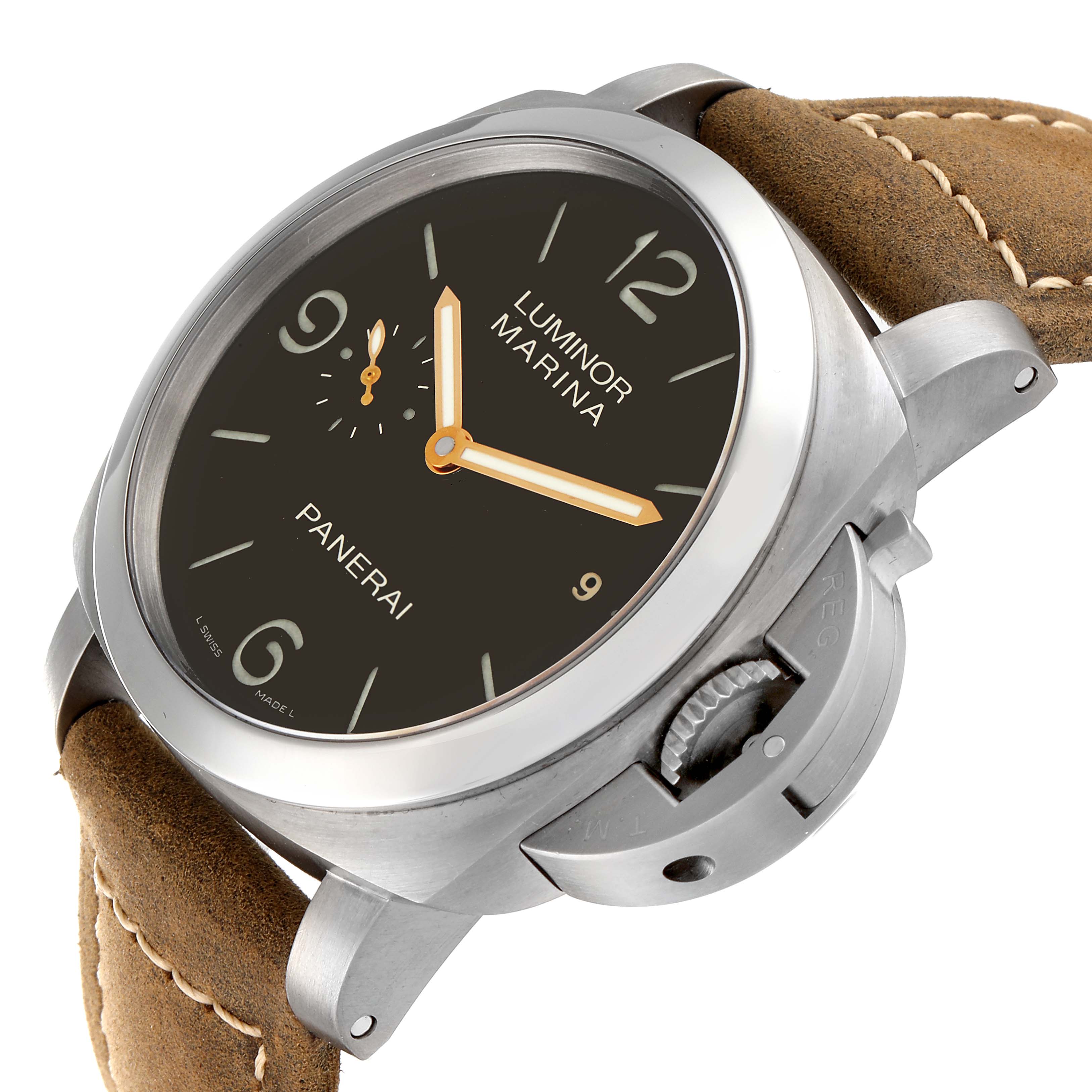 The image shows a Panerai Luminor PAM00351 Men
s Titanium Black Dial PAM00351 Men
s Titanium Black Dial watch at a slight angle, highlighting the dial, case, crown protector, and leather strap.