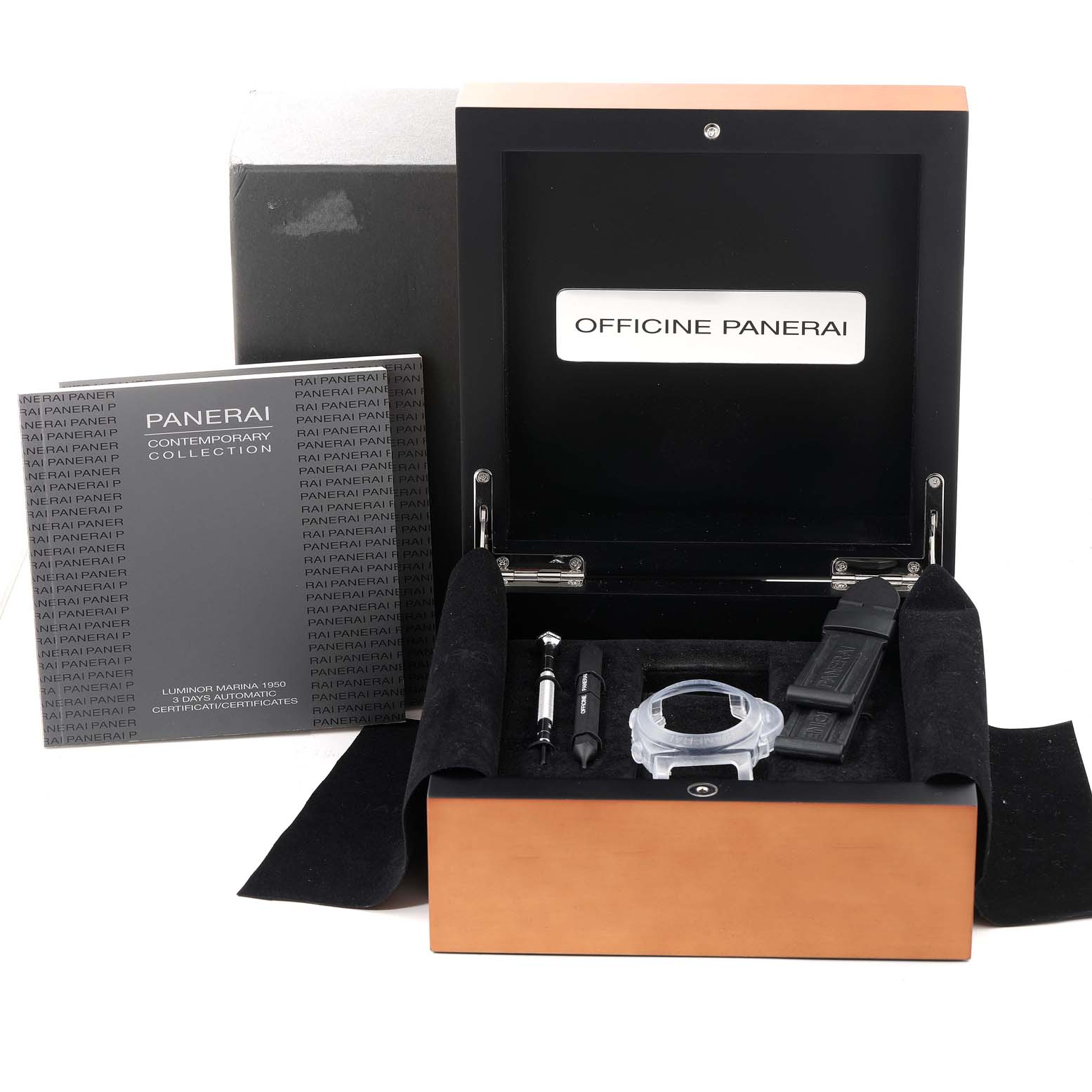 The image shows a Panerai Luminor PAM00351 Men
s Titanium Black Dial PAM00351 Men
s Titanium Black Dial watch box, strap, tools, and instruction booklet from a front-angle view.