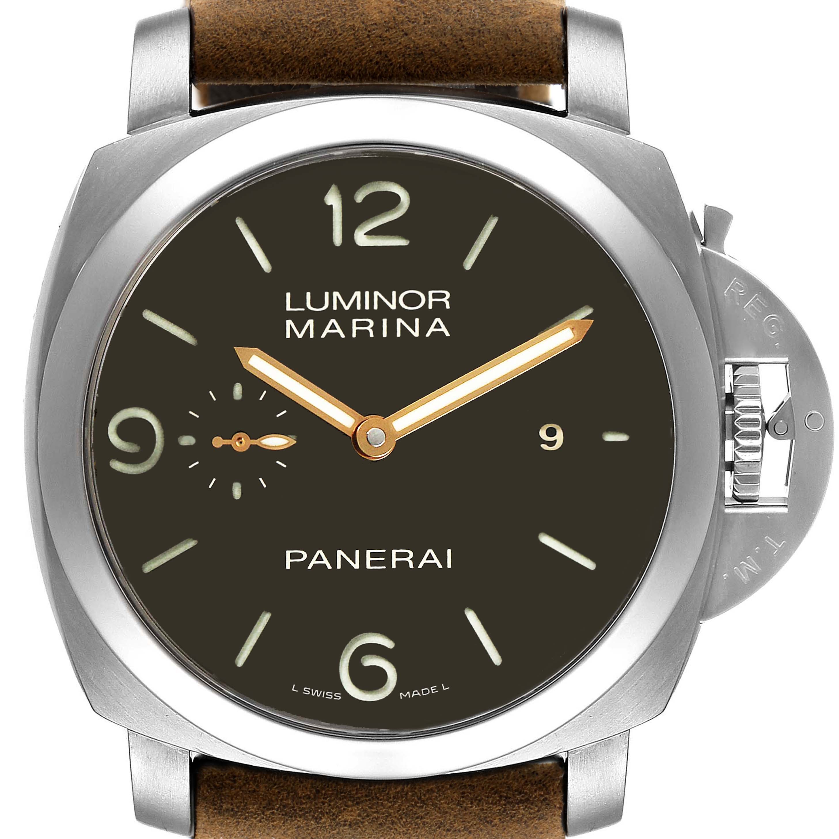 The image shows a front view of a Panerai Luminor PAM00351 Men
s Titanium Black Dial PAM00351 Men
s Titanium Black Dial Marina watch with a brown leather strap and prominent crown guard.