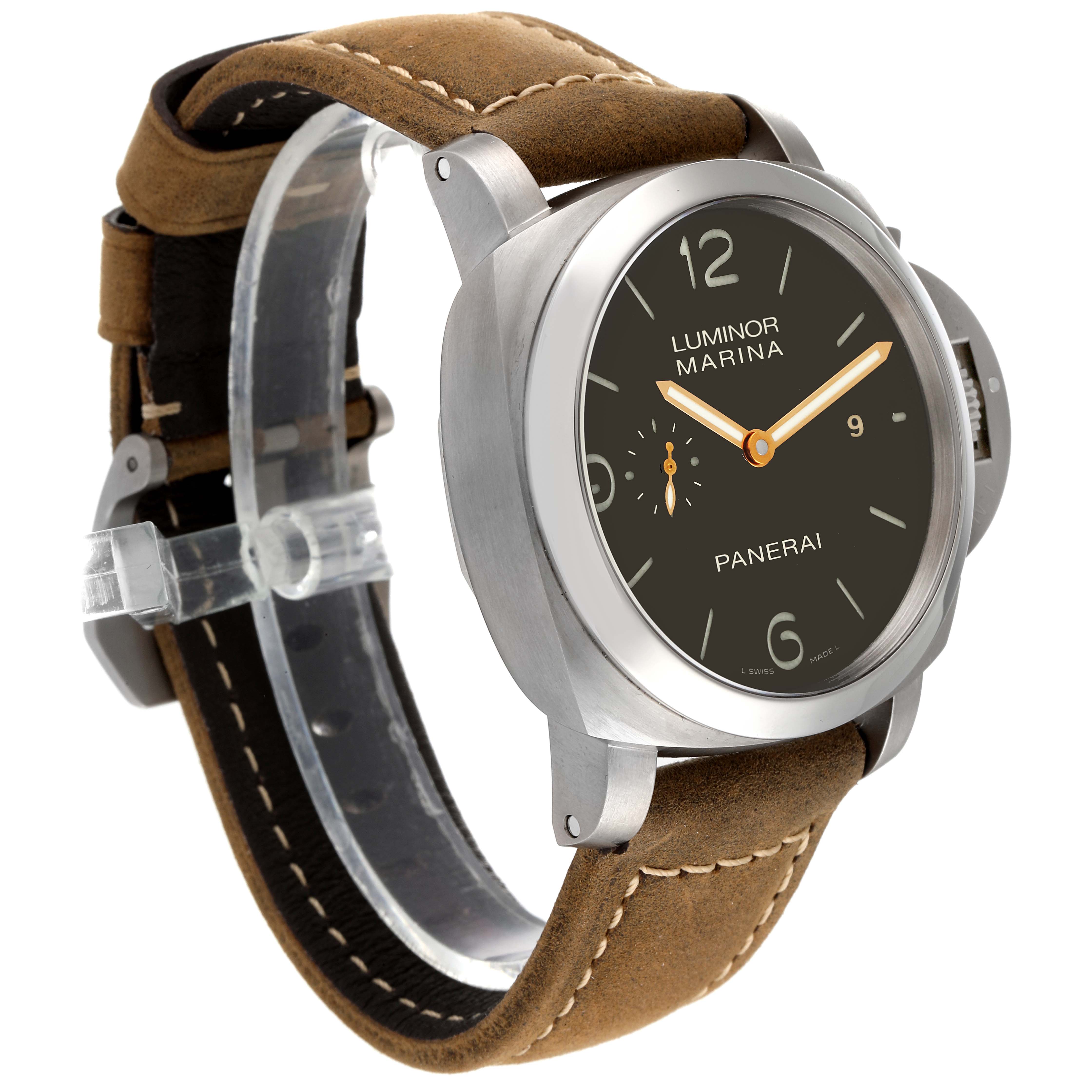 The image shows a side angle of a Panerai Luminor PAM00351 Men
s Titanium Black Dial PAM00351 Men
s Titanium Black Dial Marina watch, highlighting its face, bezel, and brown leather strap.