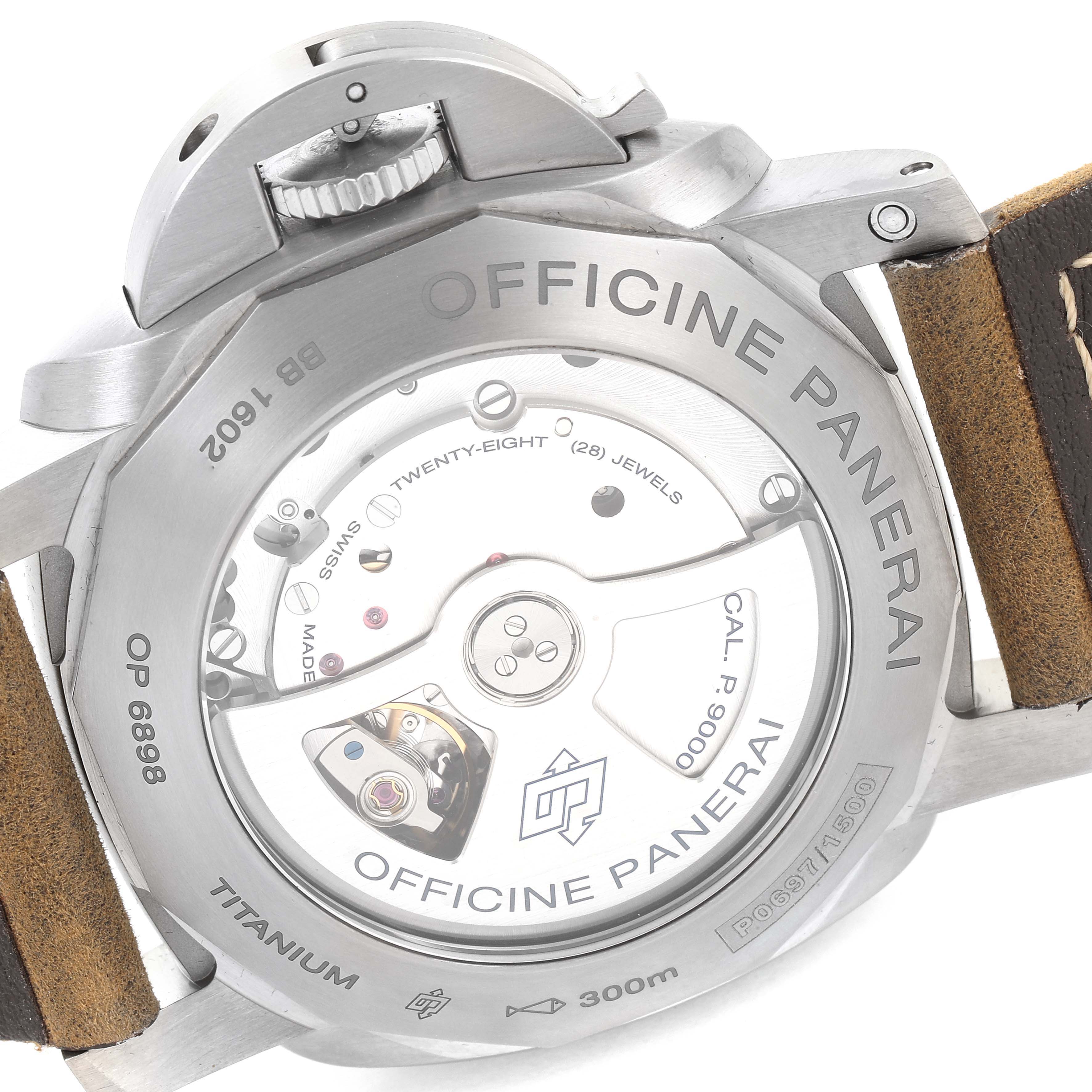 This image shows the back view of a Panerai Luminor PAM00351 Men
s Titanium Black Dial PAM00351 Men
s Titanium Black Dial watch, highlighting the movement and the caseback details.