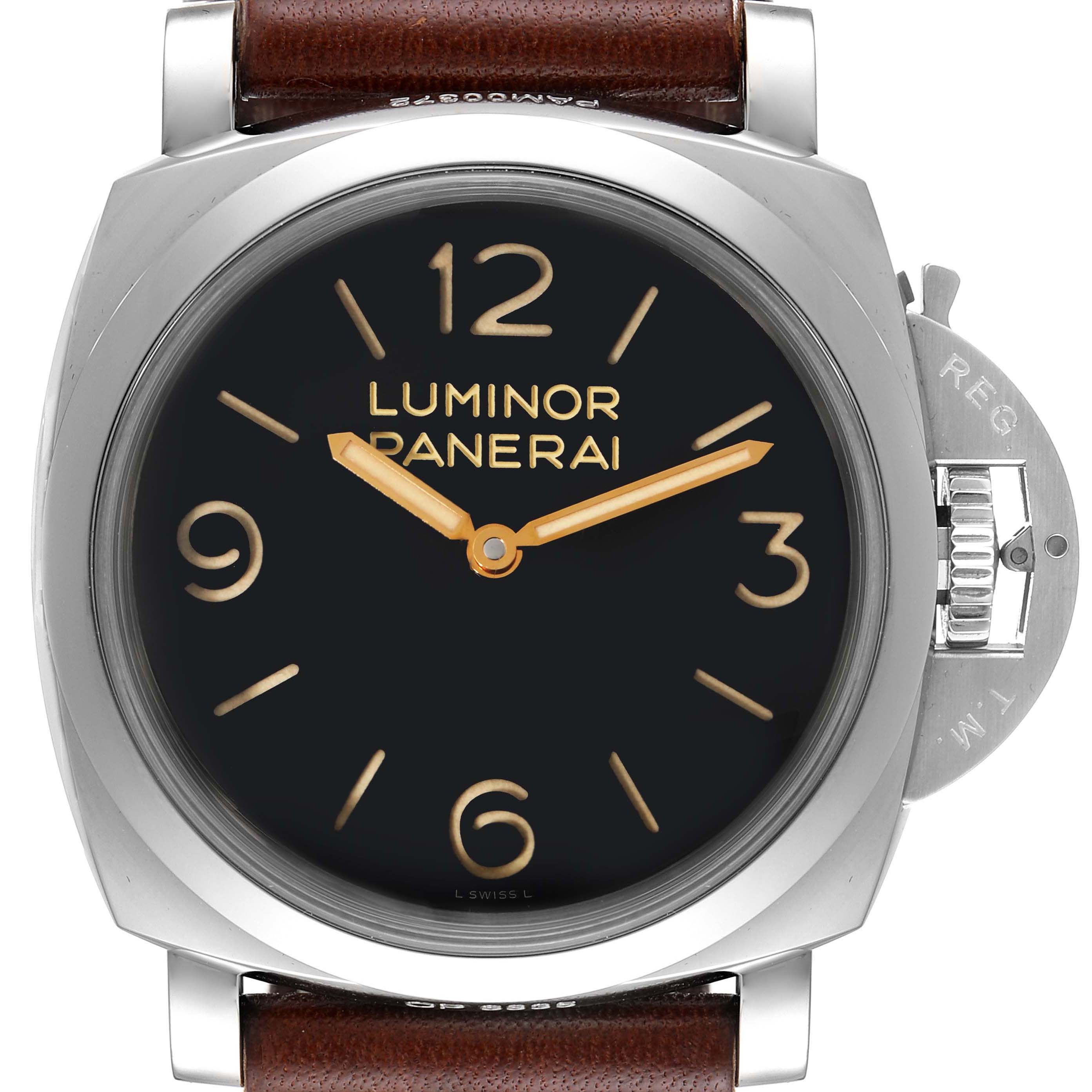 The image shows a front view of the Panerai Luminor PAM00372 Men
s Stainless Steel Black Dial PAM00372 Men
s Stainless Steel Black Dial watch displaying its face, crown guard, and brown leather strap.