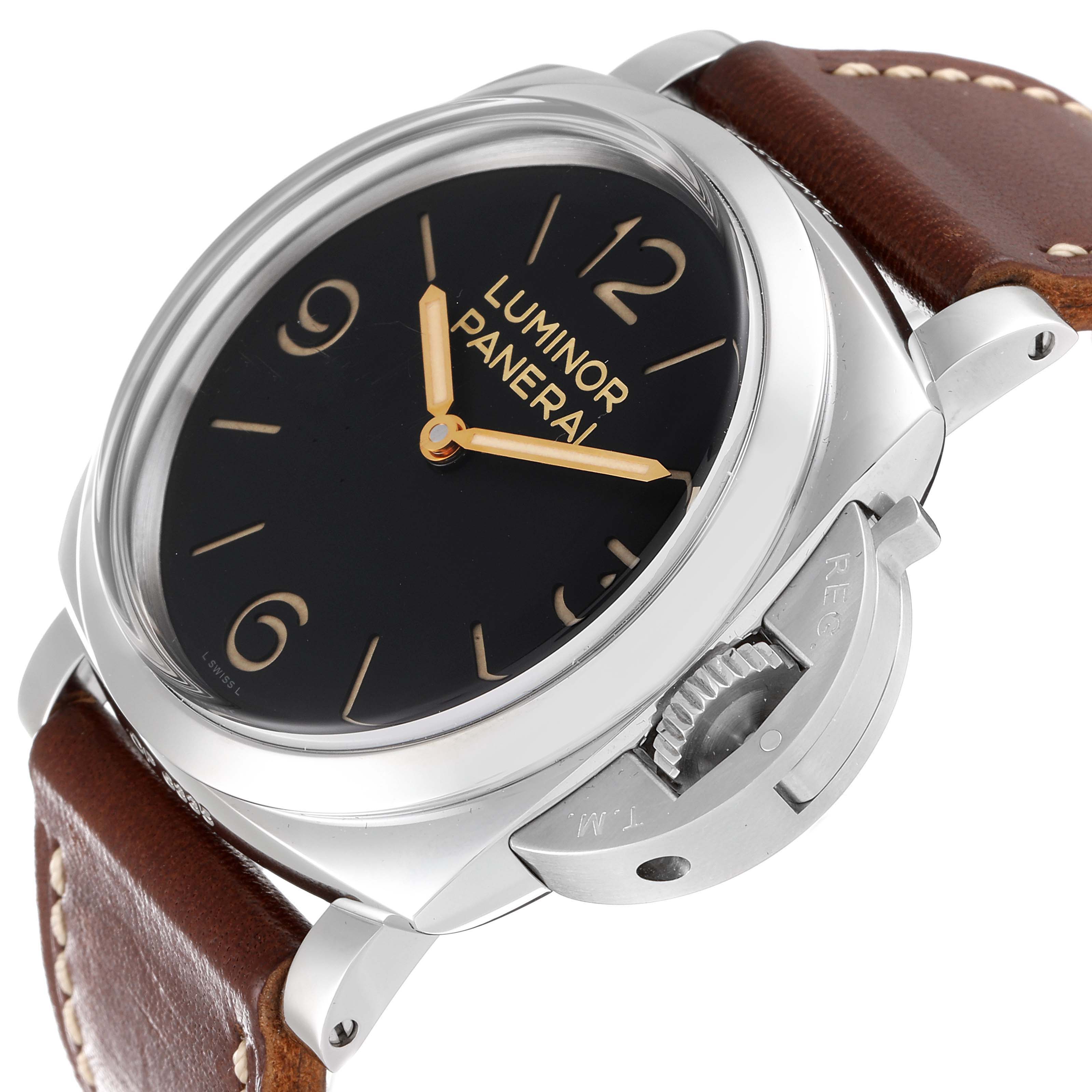 The image shows a Panerai Luminor PAM00372 Men
s Stainless Steel Black Dial PAM00372 Men
s Stainless Steel Black Dial watch at a slight angle, highlighting the dial, crown guard, and leather strap.