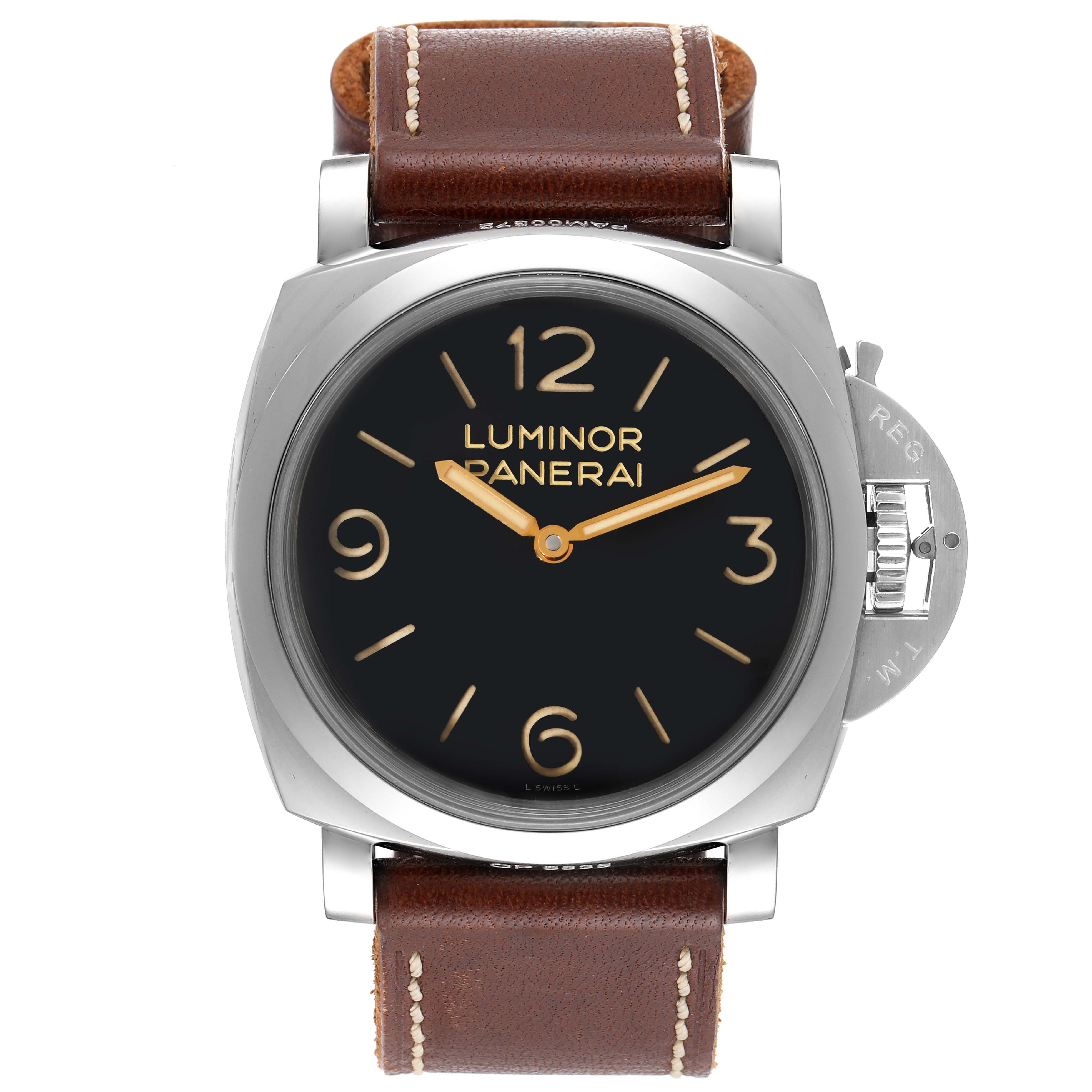 The image shows a front-facing view of a Panerai Luminor PAM00372 Men
s Stainless Steel Black Dial PAM00372 Men
s Stainless Steel Black Dial watch with a black dial and brown leather strap.
