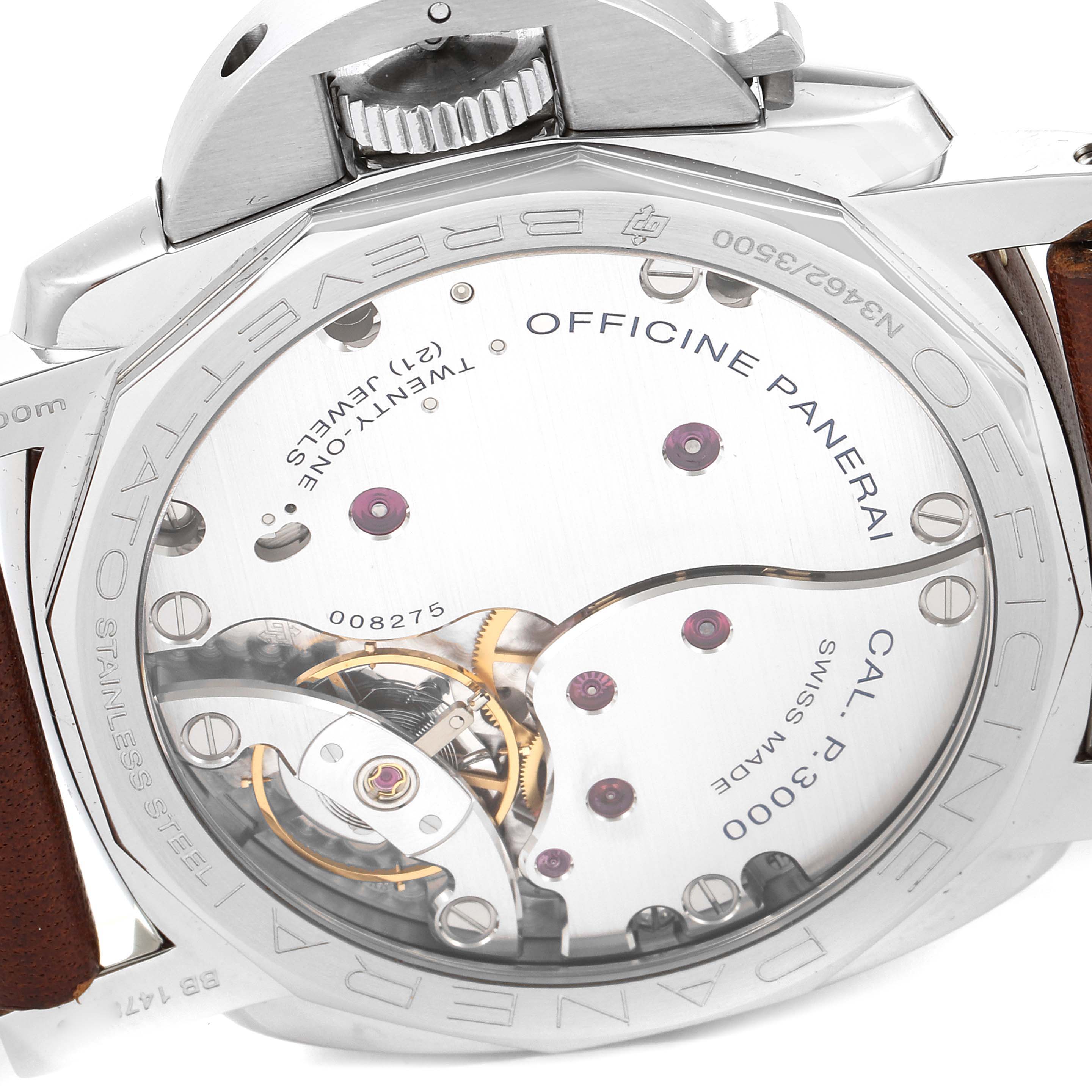 This image shows the back view of the Panerai Luminor PAM00372 Men
s Stainless Steel Black Dial PAM00372 Men
s Stainless Steel Black Dial watch, highlighting its inner mechanics and movement details.