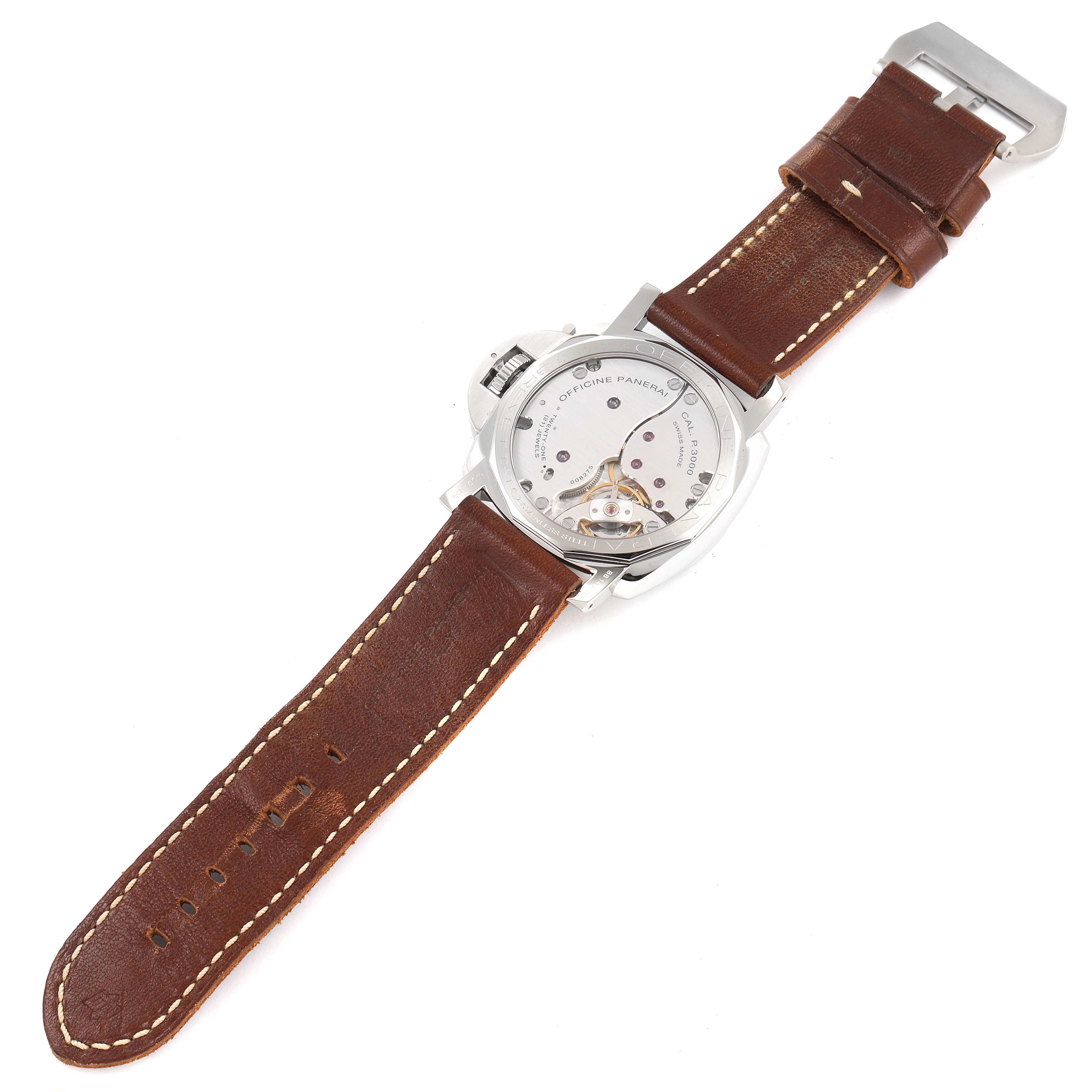 This image shows the back view of a Panerai Luminor PAM00372 Men
s Stainless Steel Black Dial PAM00372 Men
s Stainless Steel Black Dial watch, highlighting its transparent case back and brown leather strap.