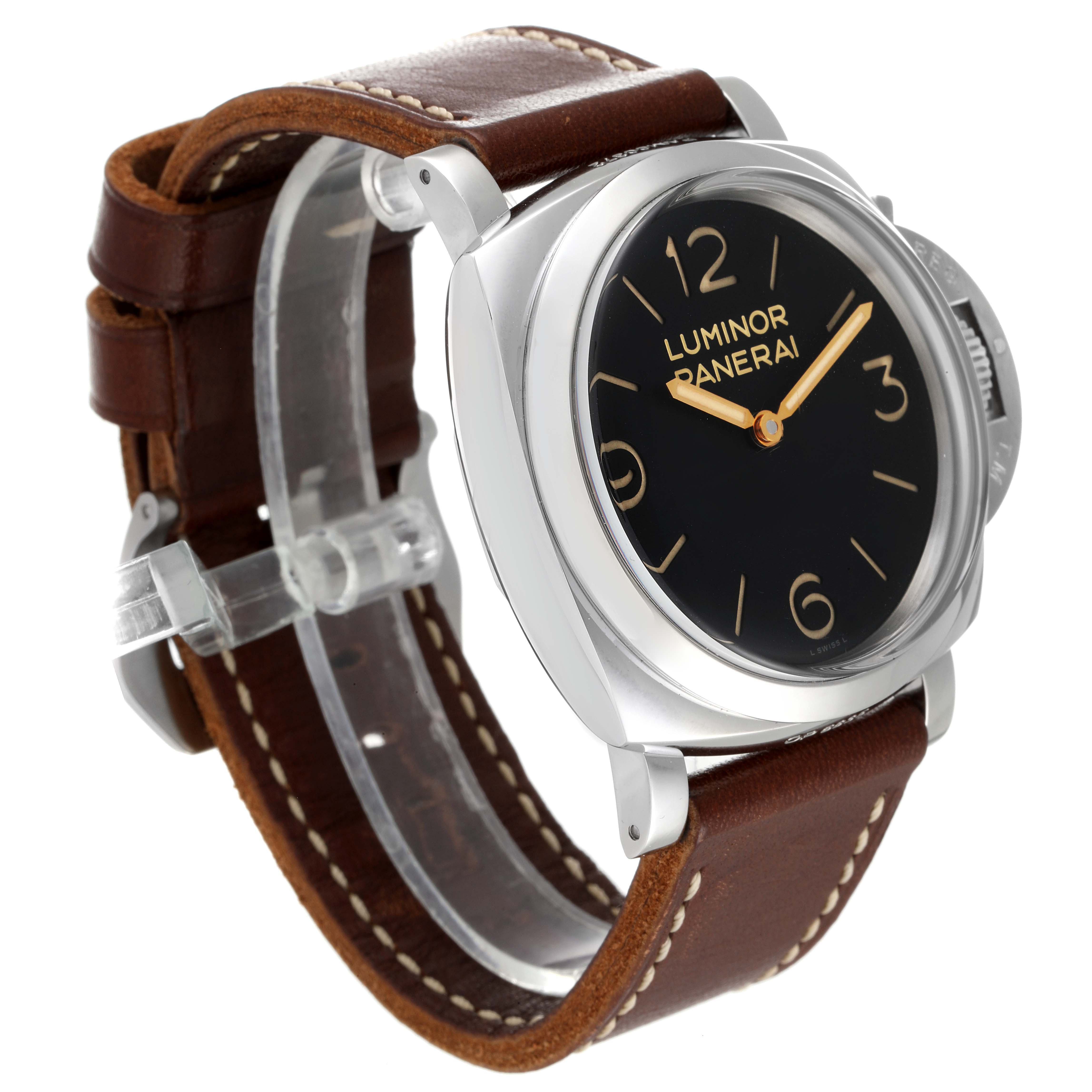 This Panerai Luminor PAM00372 Men
s Stainless Steel Black Dial PAM00372 Men
s Stainless Steel Black Dial watch is shown at a 3/4 angle, highlighting its brown leather strap and black dial.