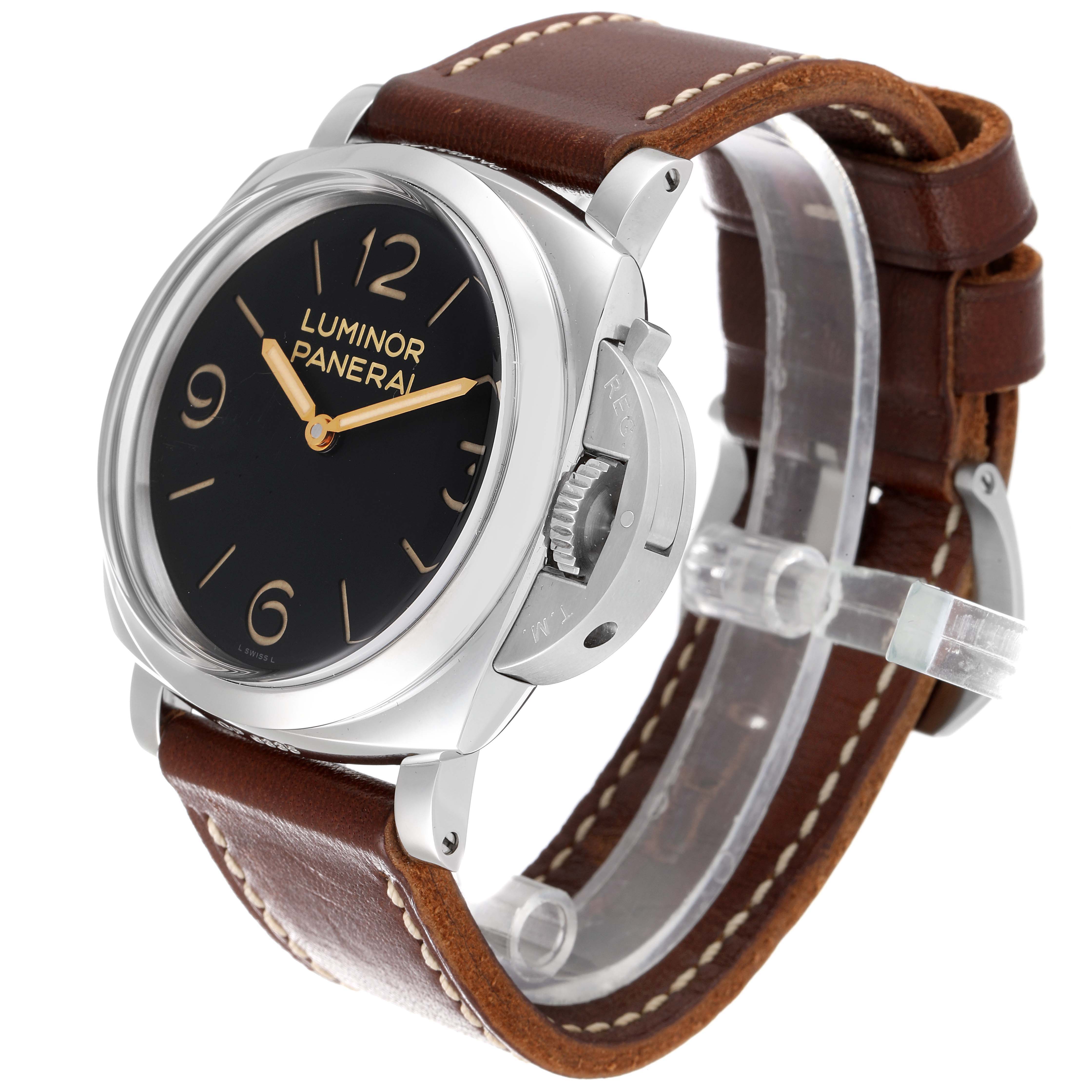 The image shows a Panerai Luminor PAM00372 Men
s Stainless Steel Black Dial PAM00372 Men
s Stainless Steel Black Dial watch from a 3/4 angle, highlighting its face, crown guard, and brown leather strap.