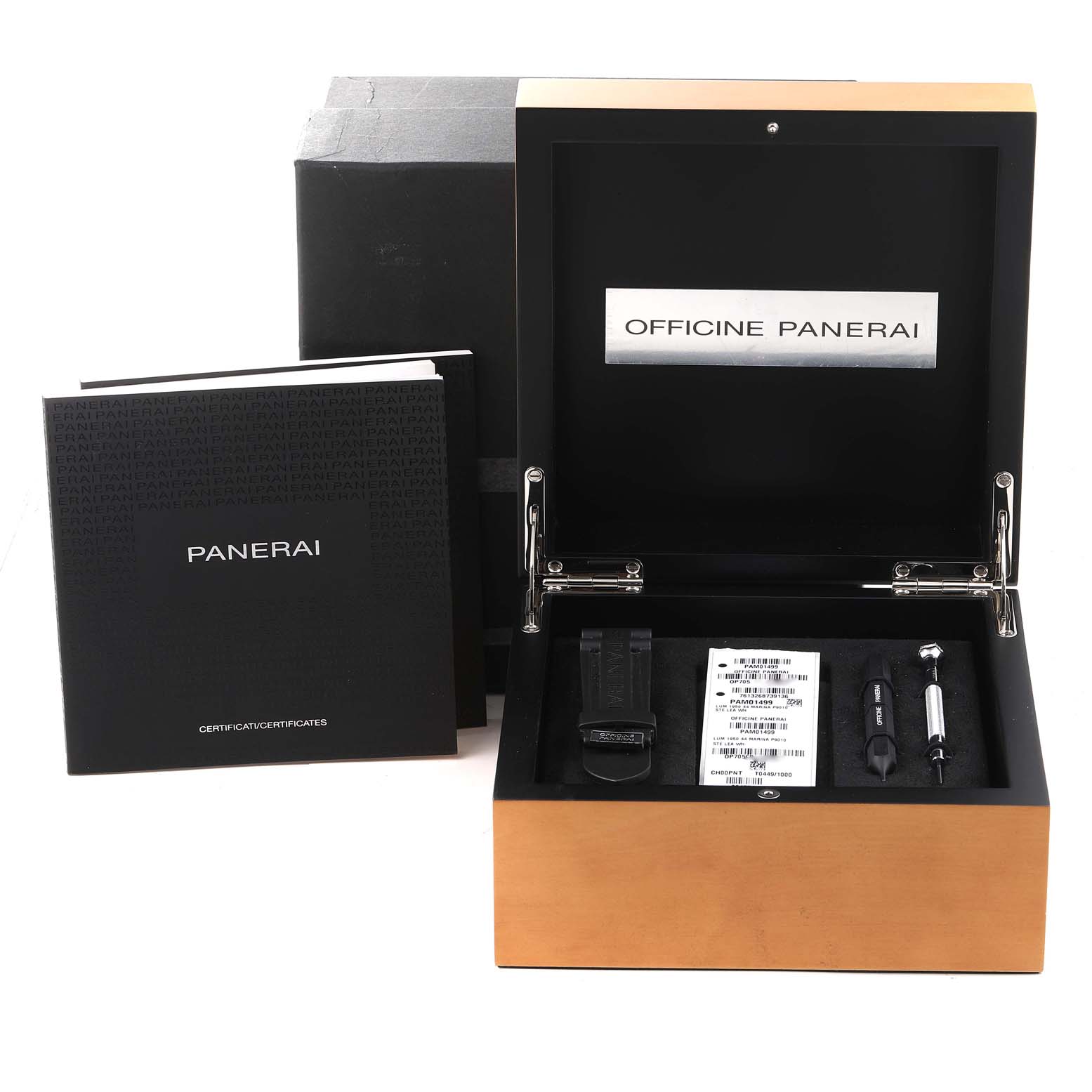 The image shows an open Panerai box with accessories for the Luminor model, including a strap, tools, and documentation.