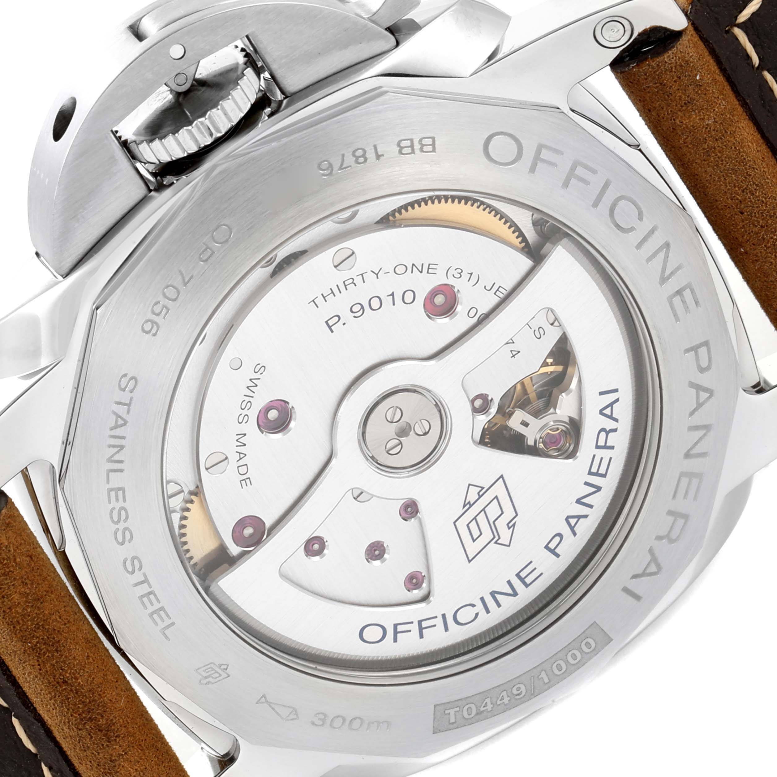 The image shows the case back of a Panerai Luminor PAM01499 Men
s Stainless Steel White Dial PAM01499 Men
s Stainless Steel White Dial watch, displaying the exposed movement and various engravings.