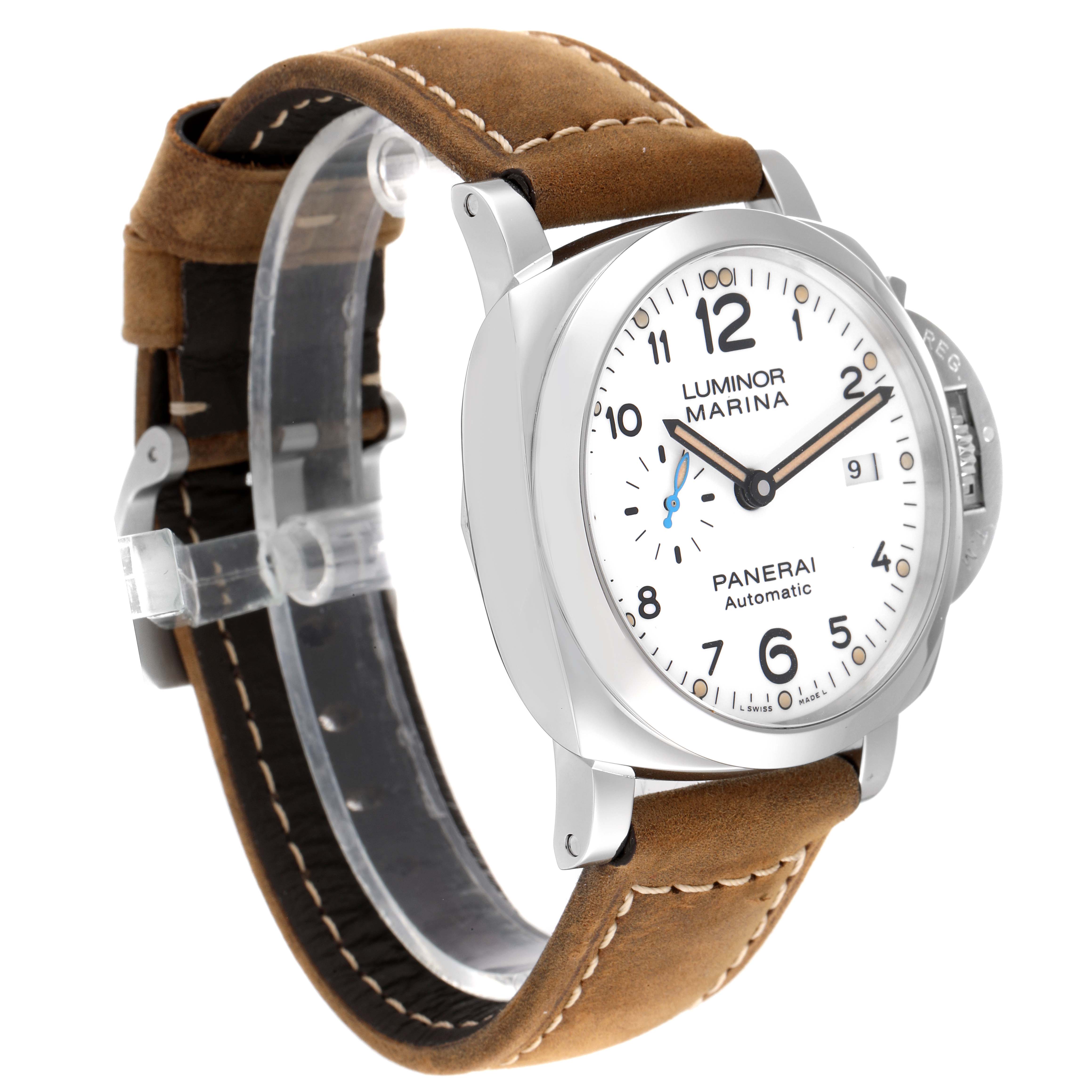 The image shows a Panerai Luminor PAM01499 Men
s Stainless Steel White Dial PAM01499 Men
s Stainless Steel White Dial Marina watch with a white dial, leather strap, and visible crown guard angled from the front-left side.