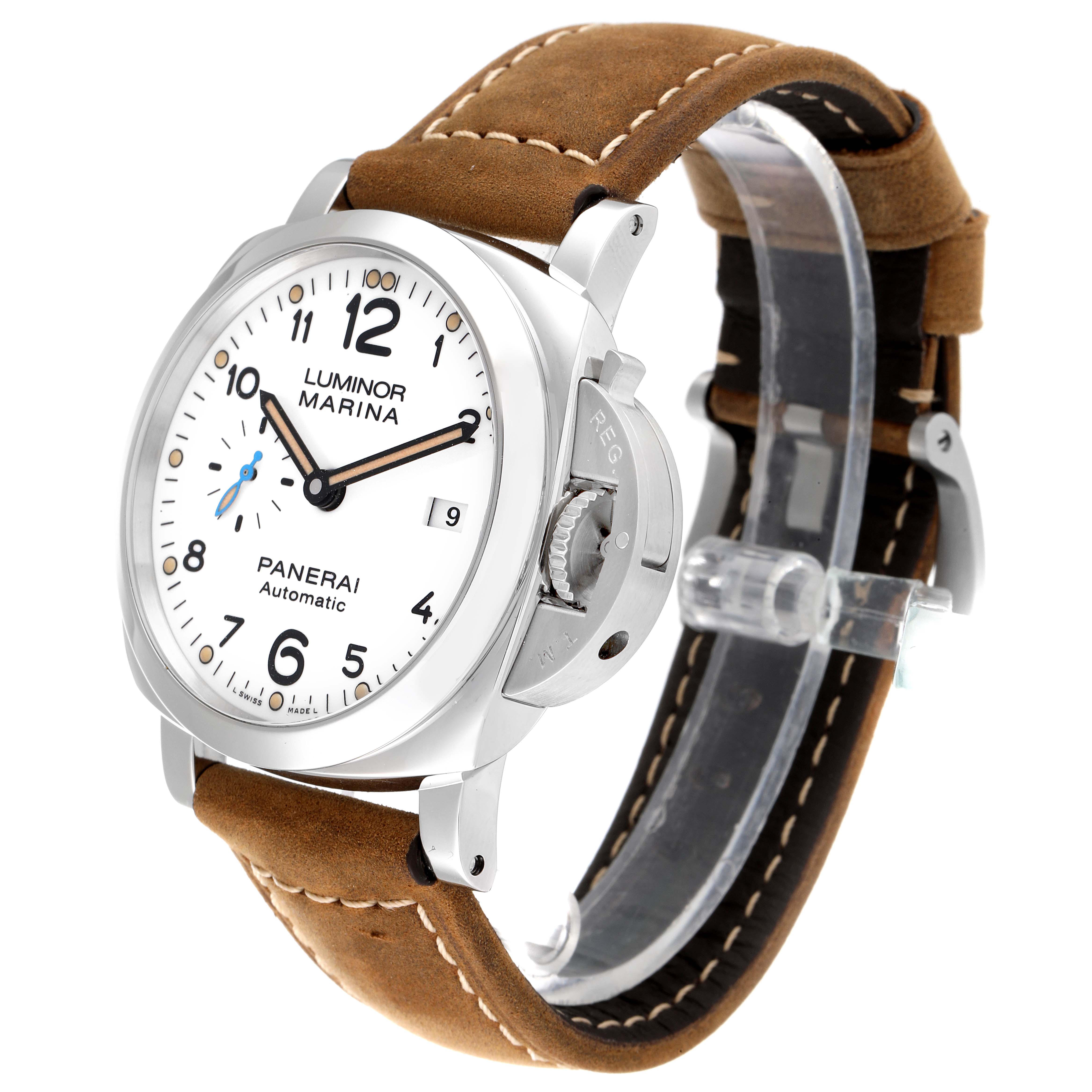 This image shows a Panerai Luminor PAM01499 Men
s Stainless Steel White Dial PAM01499 Men
s Stainless Steel White Dial Marina watch at a three-quarter angle, highlighting the face, crown guard, and brown leather strap.