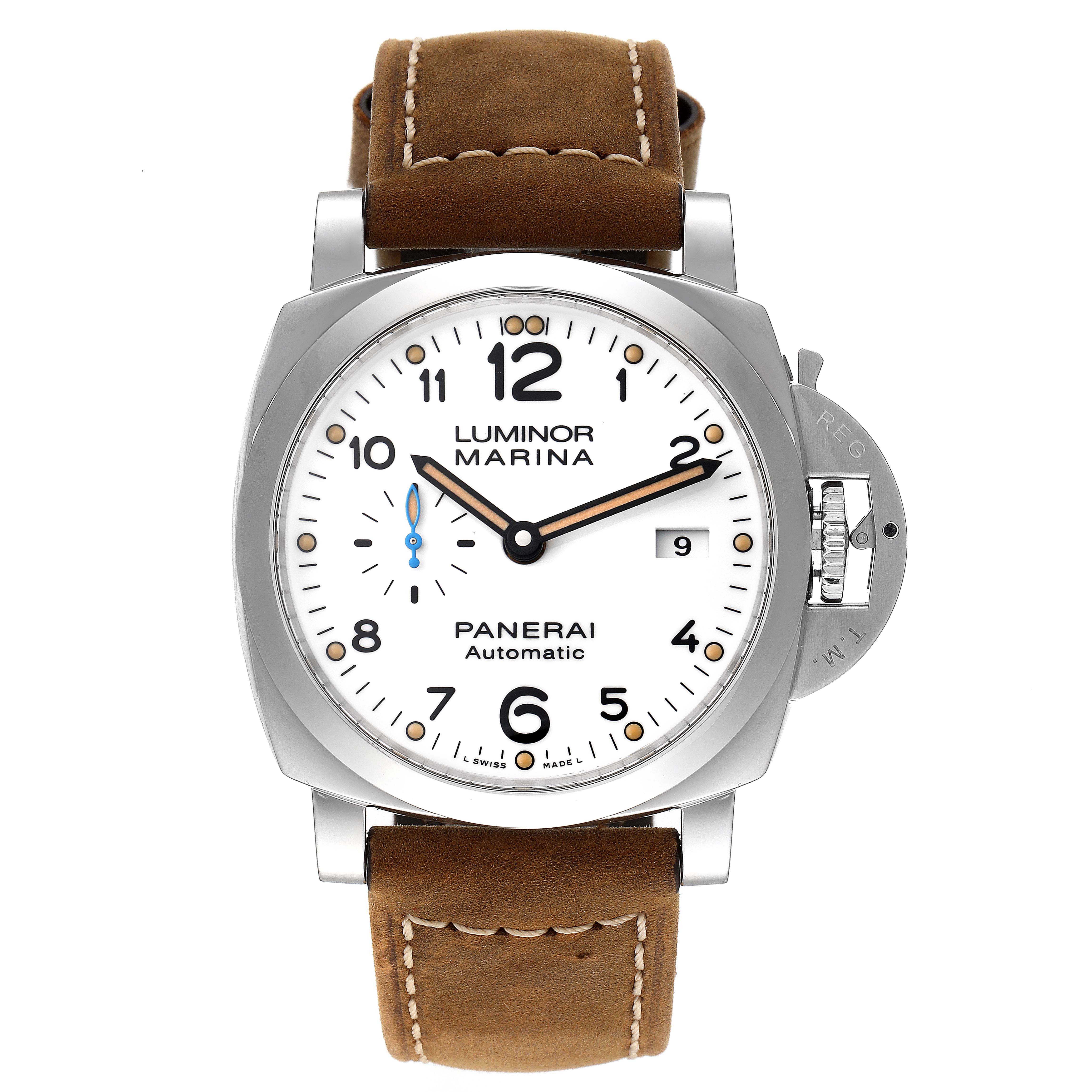 This image shows a front view of a Panerai Luminor PAM01499 Men
s Stainless Steel White Dial PAM01499 Men
s Stainless Steel White Dial Marina watch with a white dial and a brown leather strap.
