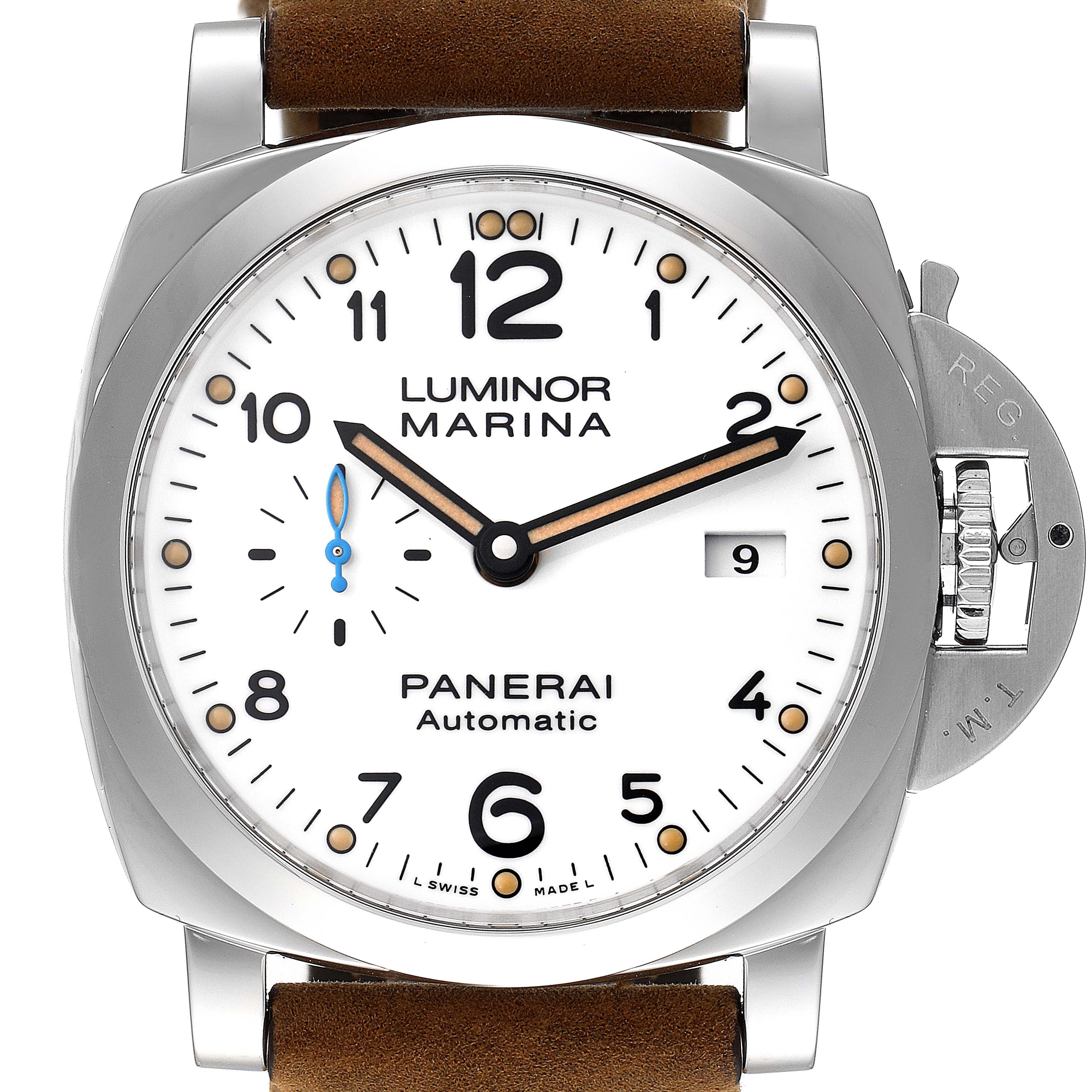The image shows a front view of the Panerai Luminor PAM01499 Men
s Stainless Steel White Dial PAM01499 Men
s Stainless Steel White Dial Marina watch, highlighting its dial, case, crown guard, and leather strap.