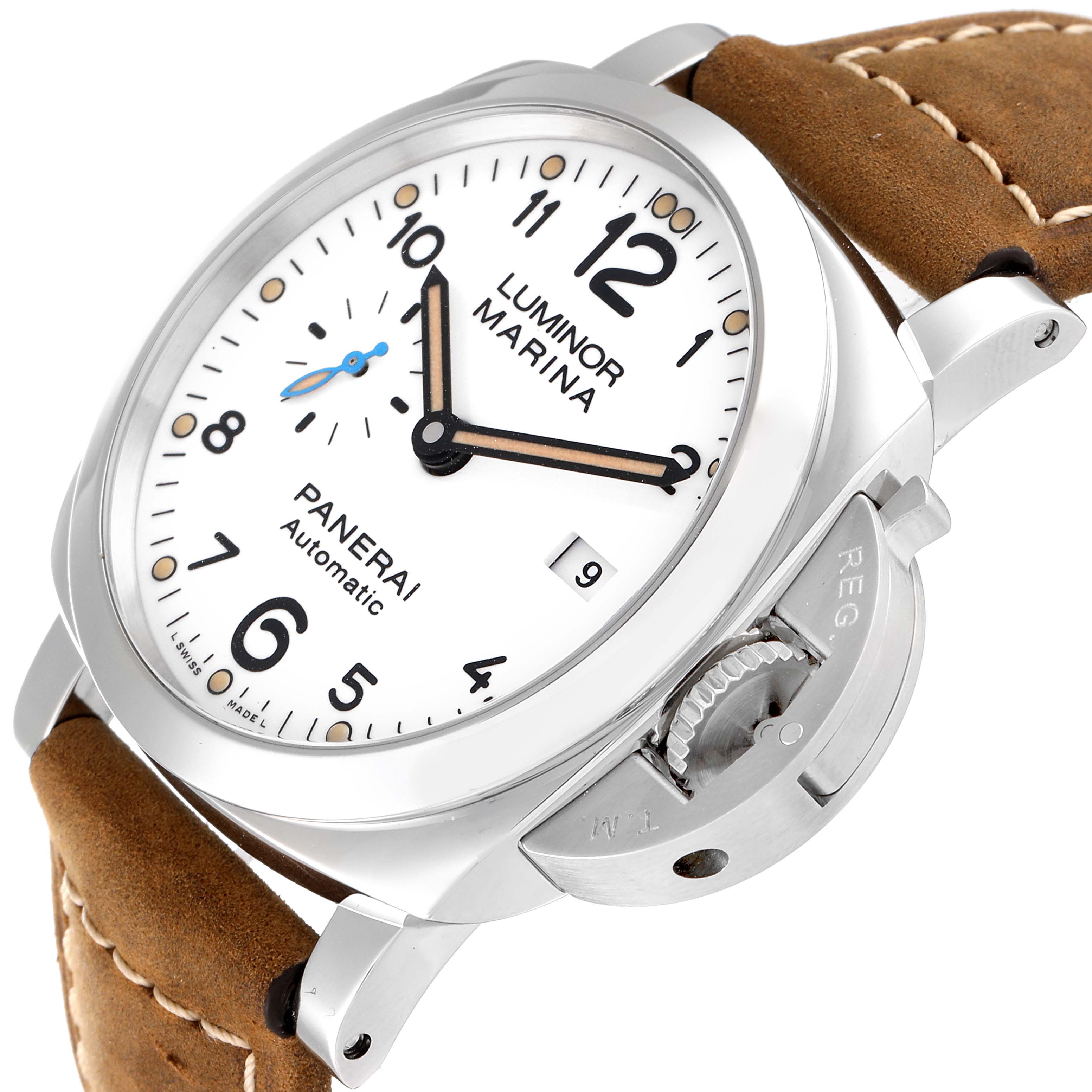 The image shows a Panerai Luminor PAM01499 Men
s Stainless Steel White Dial PAM01499 Men
s Stainless Steel White Dial watch at a slight angle, emphasizing its white dial, crown guard, date window, and leather strap.