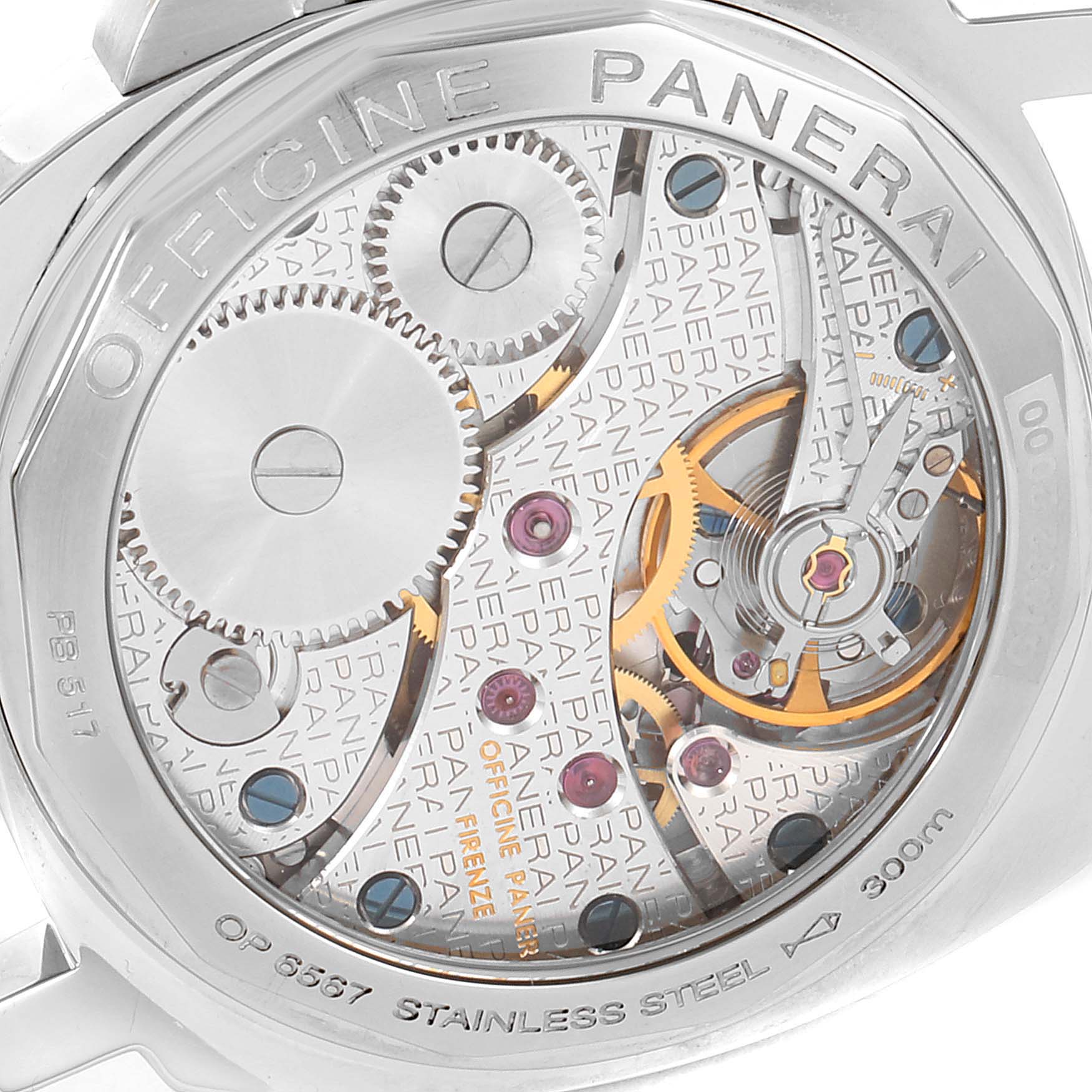 The image shows the back of the Panerai Luminor PAM00111 Men
s Stainless Steel Black Dial PAM00111 Men
s Stainless Steel Black Dial watch, revealing its internal mechanical components through a transparent case back.