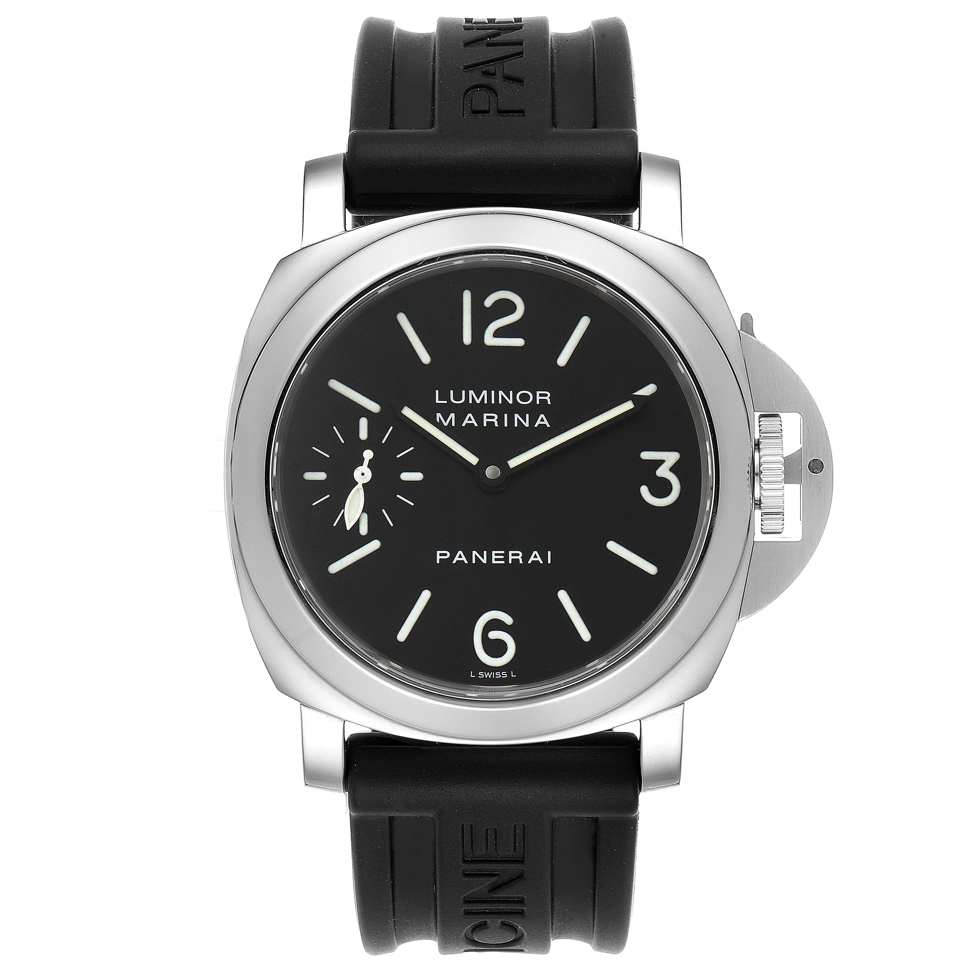 The image shows a front view of the Panerai Luminor PAM00111 Men
s Stainless Steel Black Dial PAM00111 Men
s Stainless Steel Black Dial watch, displaying its dial, hands, and strap.