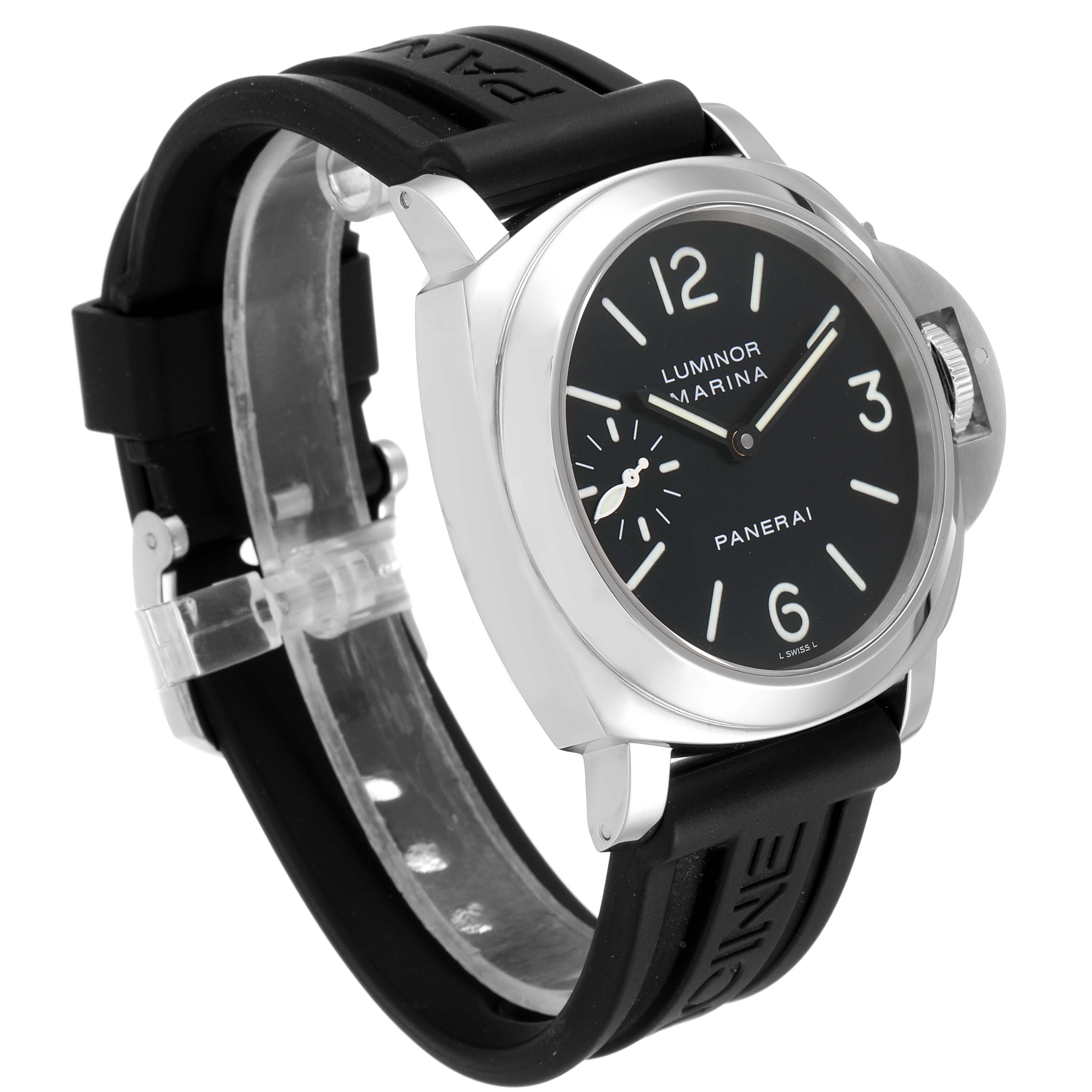 The Panerai Luminor PAM00111 Men
s Stainless Steel Black Dial PAM00111 Men
s Stainless Steel Black Dial watch is shown at a three-quarter angle displaying the face, bezel, lugs, and strap.