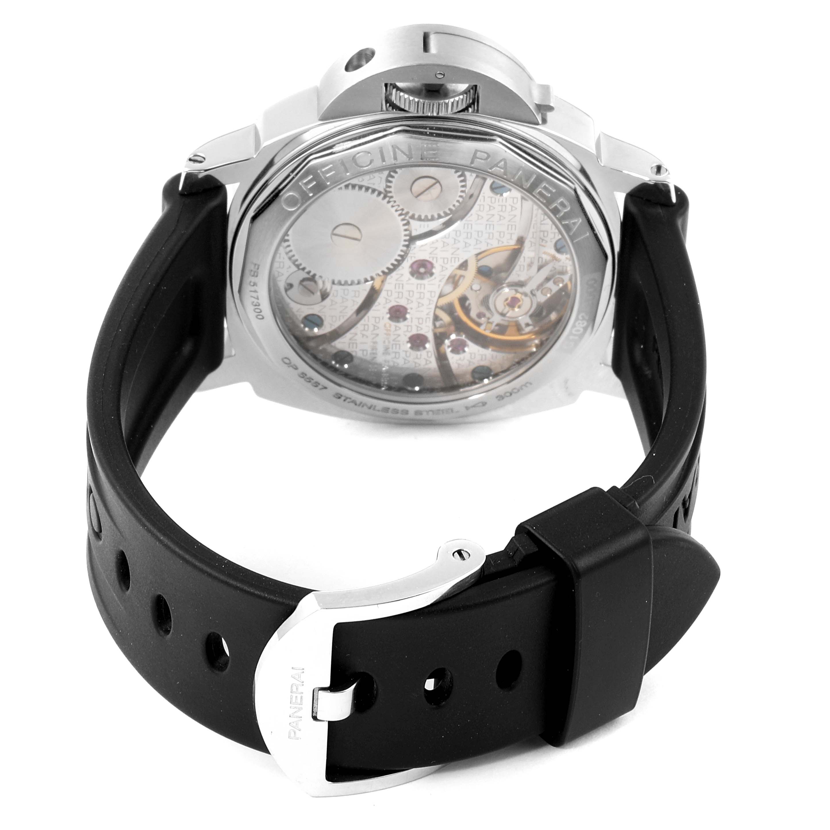 This image shows the back and strap of a Panerai Luminor PAM00111 Men
s Stainless Steel Black Dial PAM00111 Men
s Stainless Steel Black Dial watch, highlighting its mechanism and black rubber strap.