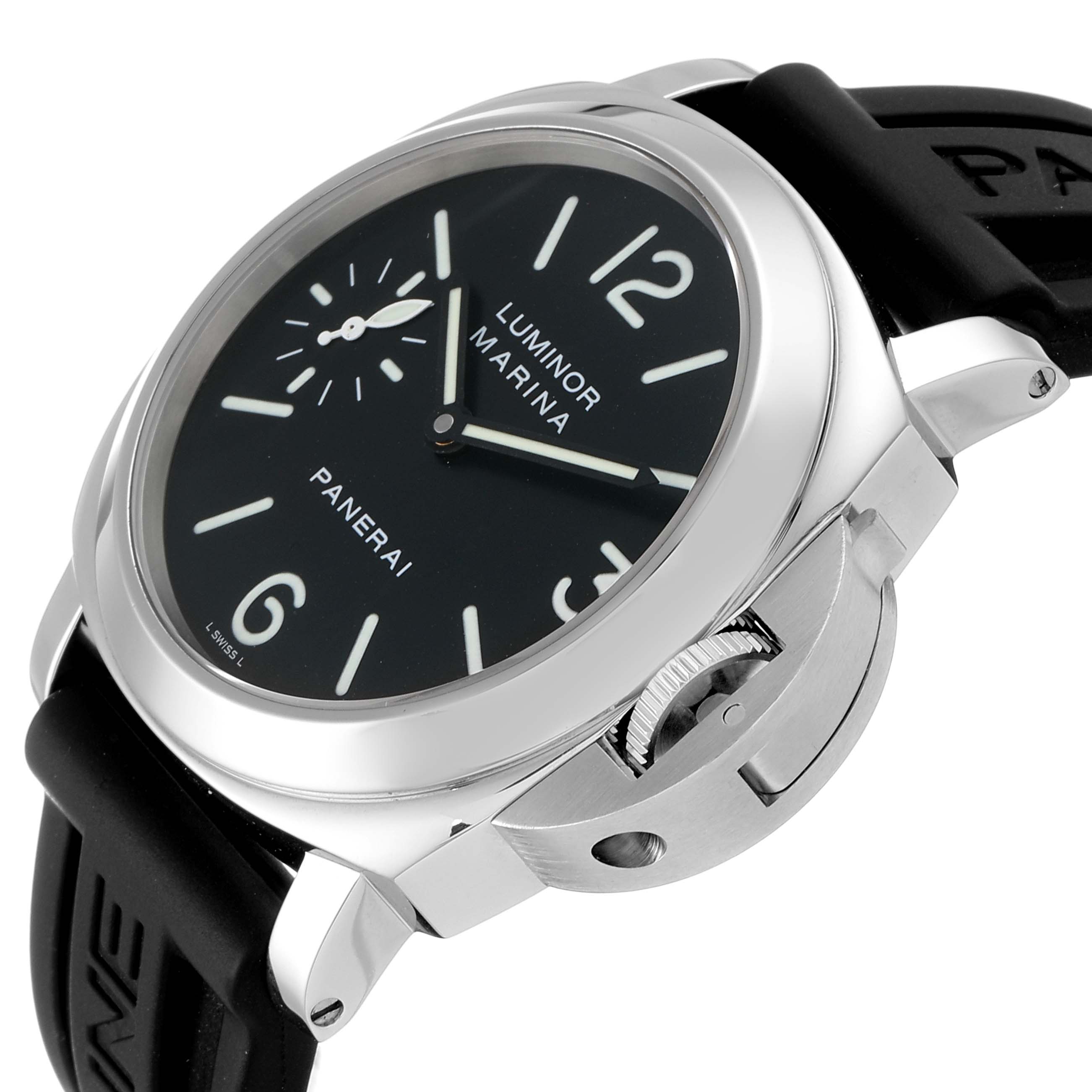 The image shows a Panerai Luminor PAM00111 Men
s Stainless Steel Black Dial PAM00111 Men
s Stainless Steel Black Dial Marina watch from a side angle, highlighting the black dial, numeral markers, and crown protector.