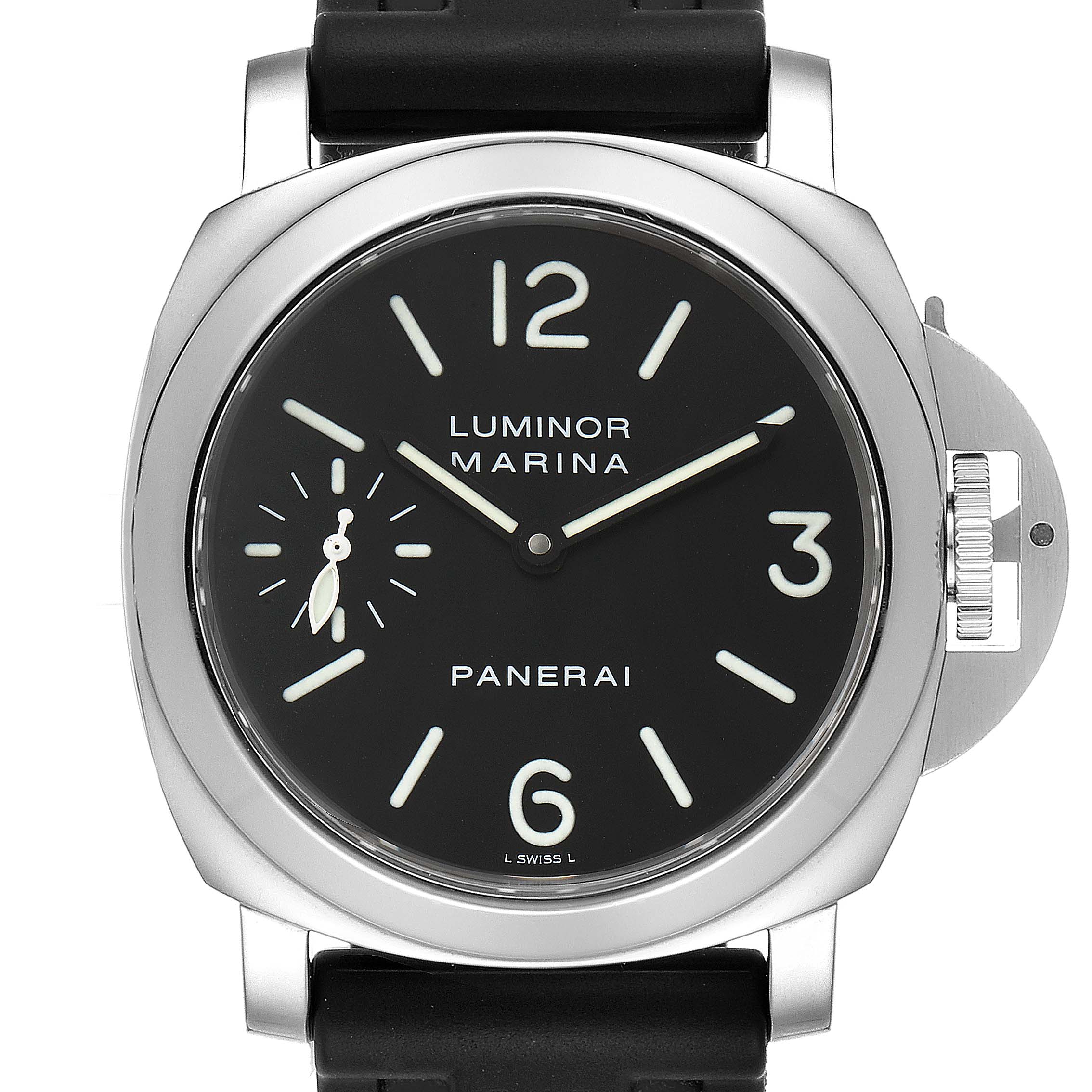 The image shows a front view of a Panerai Luminor PAM00111 Men
s Stainless Steel Black Dial PAM00111 Men
s Stainless Steel Black Dial Marina watch with a black dial and stainless steel case.