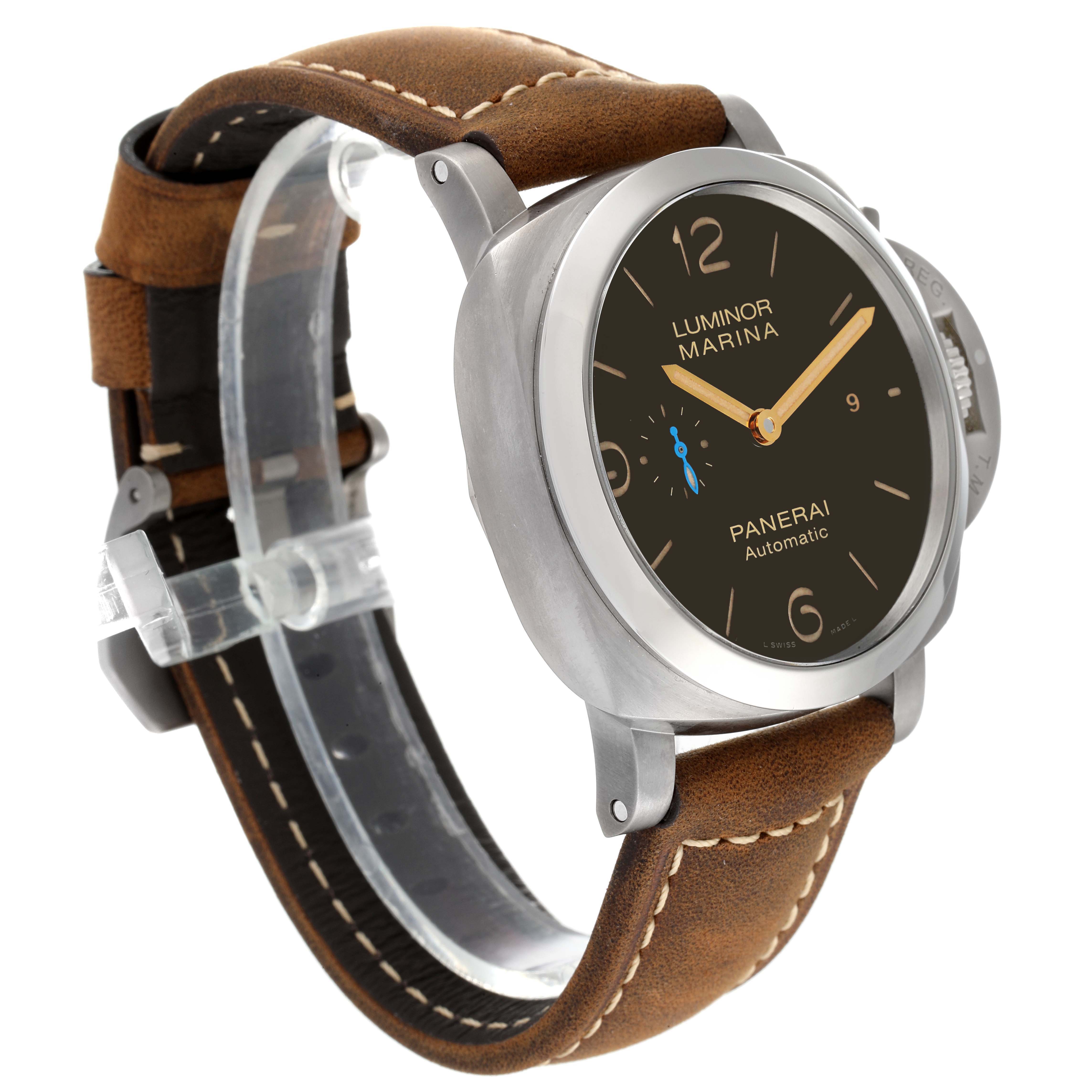 The image shows a side angle view of a Panerai Luminor PAM01351 Men's Titanium Brown Dial PAM01351 Men's Titanium Brown Dial Marina watch, highlighting the face, case, and leather strap.