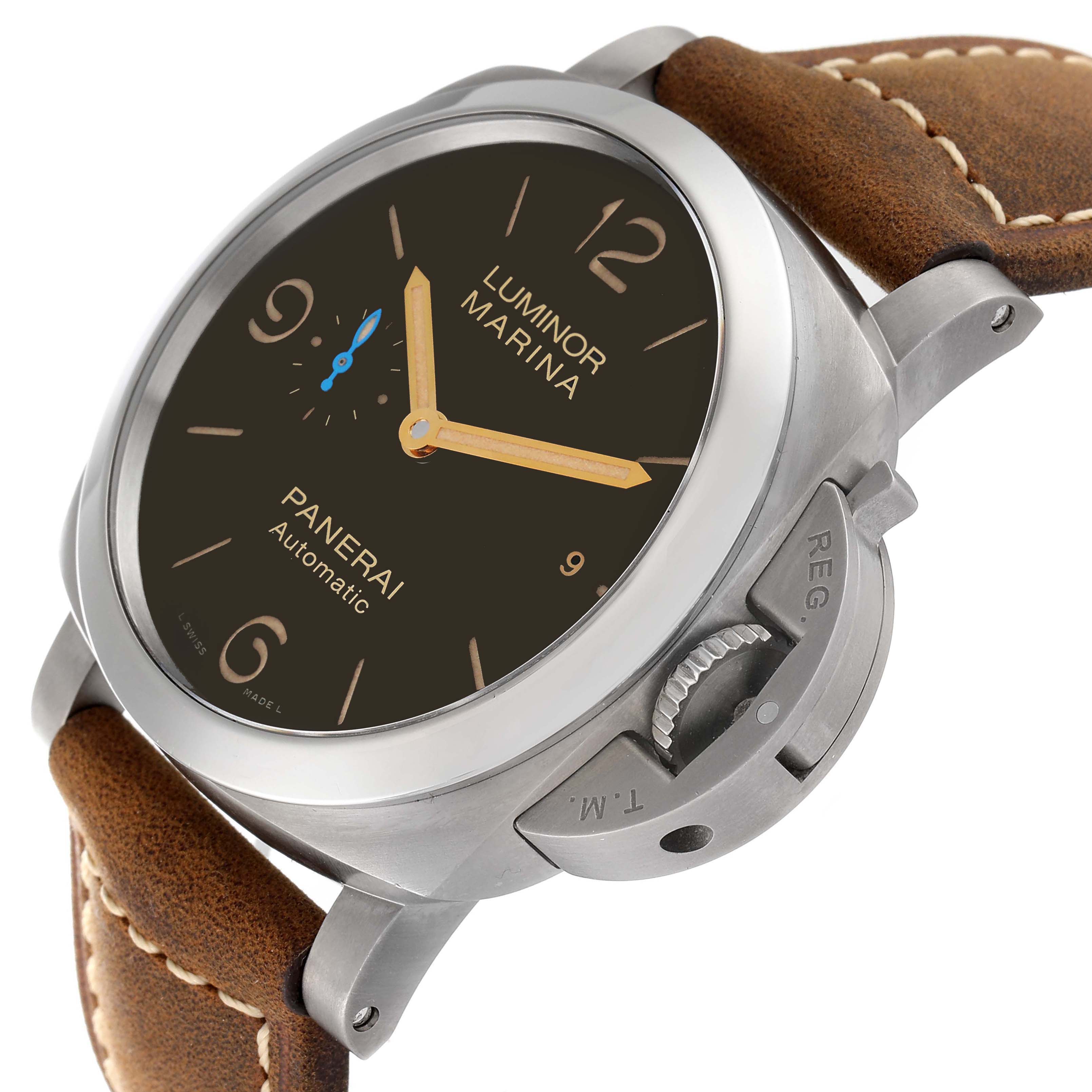 This image shows a side-angle view of a Panerai Luminor PAM01351 Men's Titanium Brown Dial PAM01351 Men's Titanium Brown Dial Marina watch, highlighting its dial, crown guard, and leather strap.