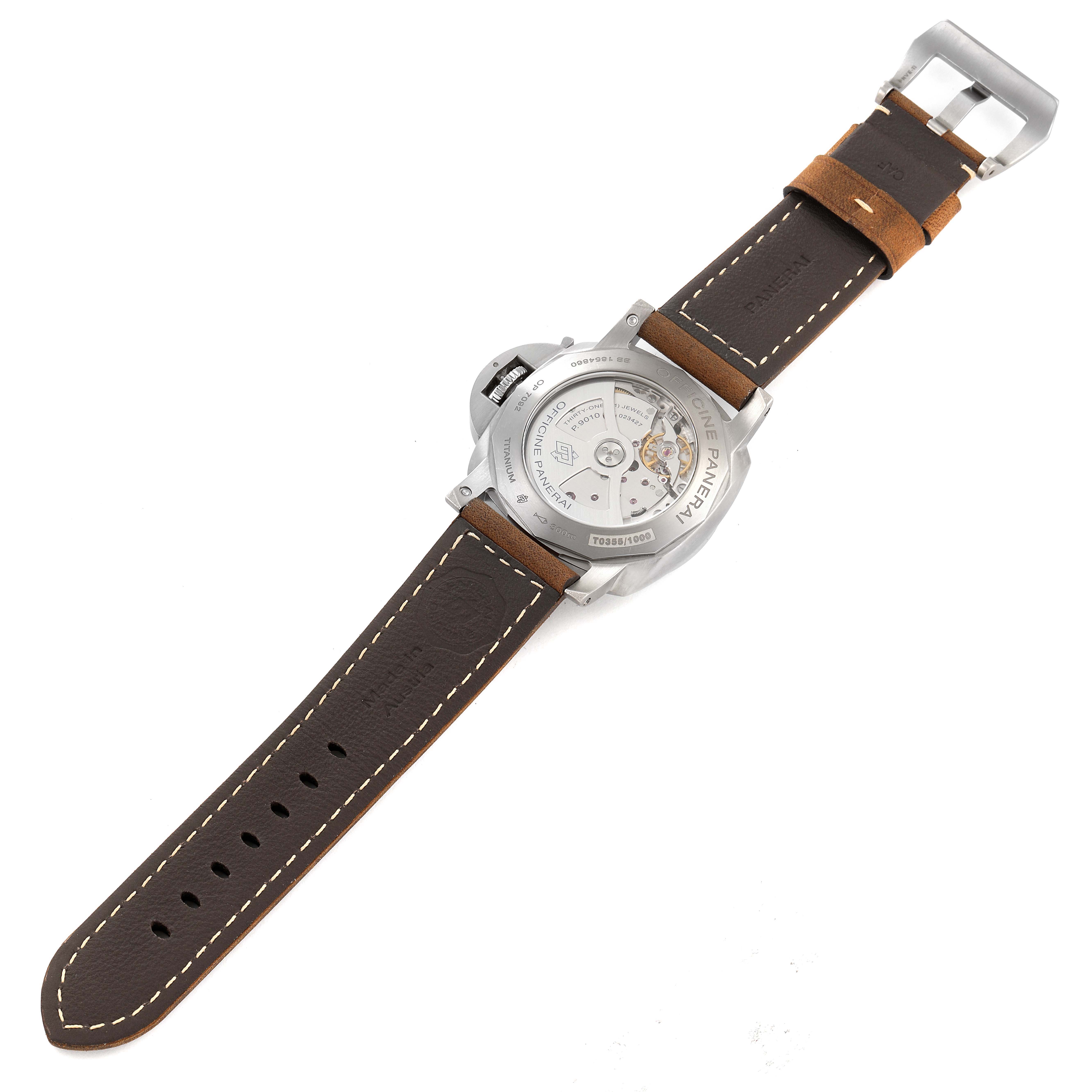 The image shows the back view of a Panerai Luminor PAM01351 Men's Titanium Brown Dial PAM01351 Men's Titanium Brown Dial watch, highlighting the exposed movement and brown leather strap.