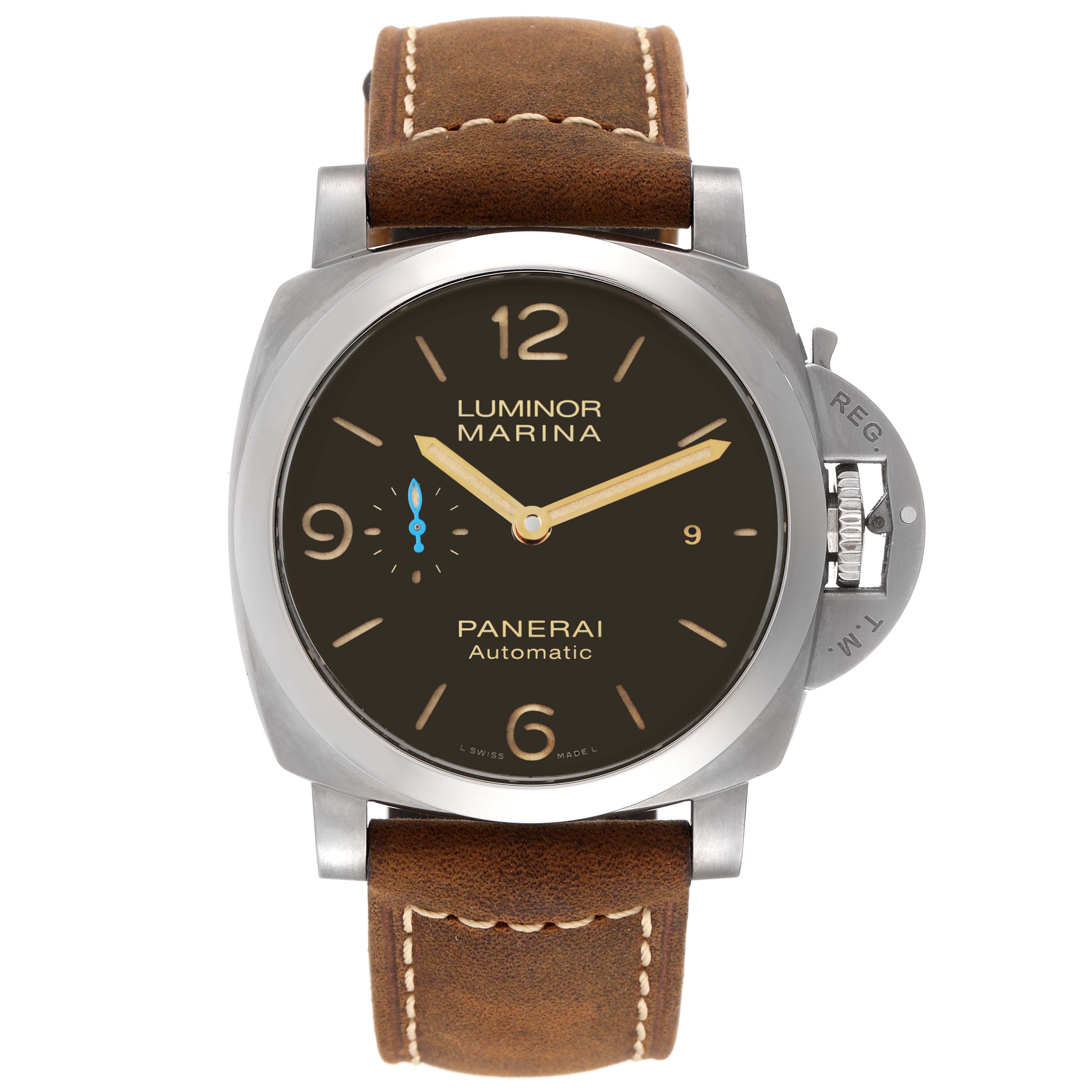 The image shows a front view of the Panerai Luminor PAM01351 Men's Titanium Brown Dial PAM01351 Men's Titanium Brown Dial Marina watch, displaying its face, case, strap, and crown guard.