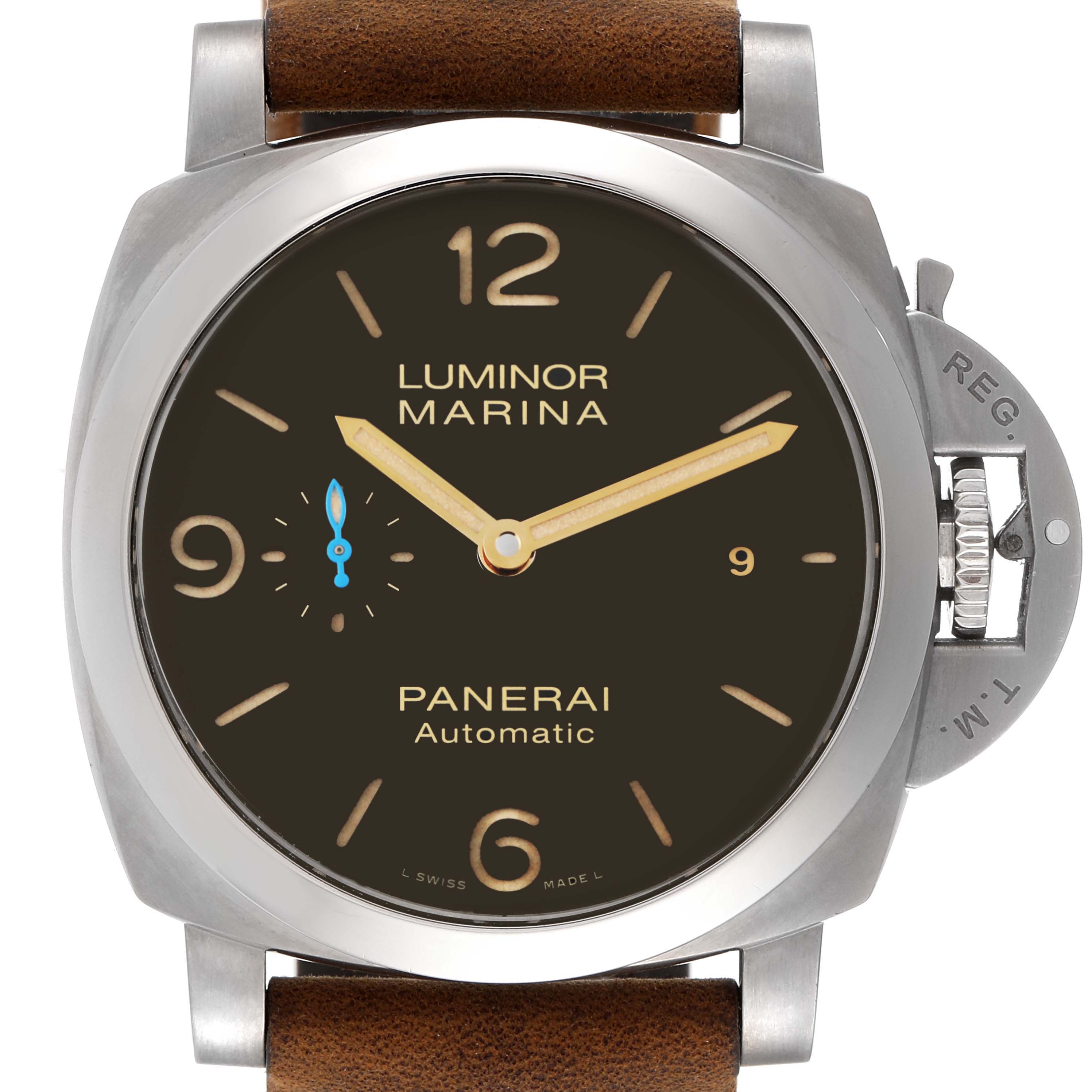 The image shows a front view of a Panerai Luminor PAM01351 Men's Titanium Brown Dial PAM01351 Men's Titanium Brown Dial Marina watch, highlighting its dial, hands, crown guard, and leather strap.
