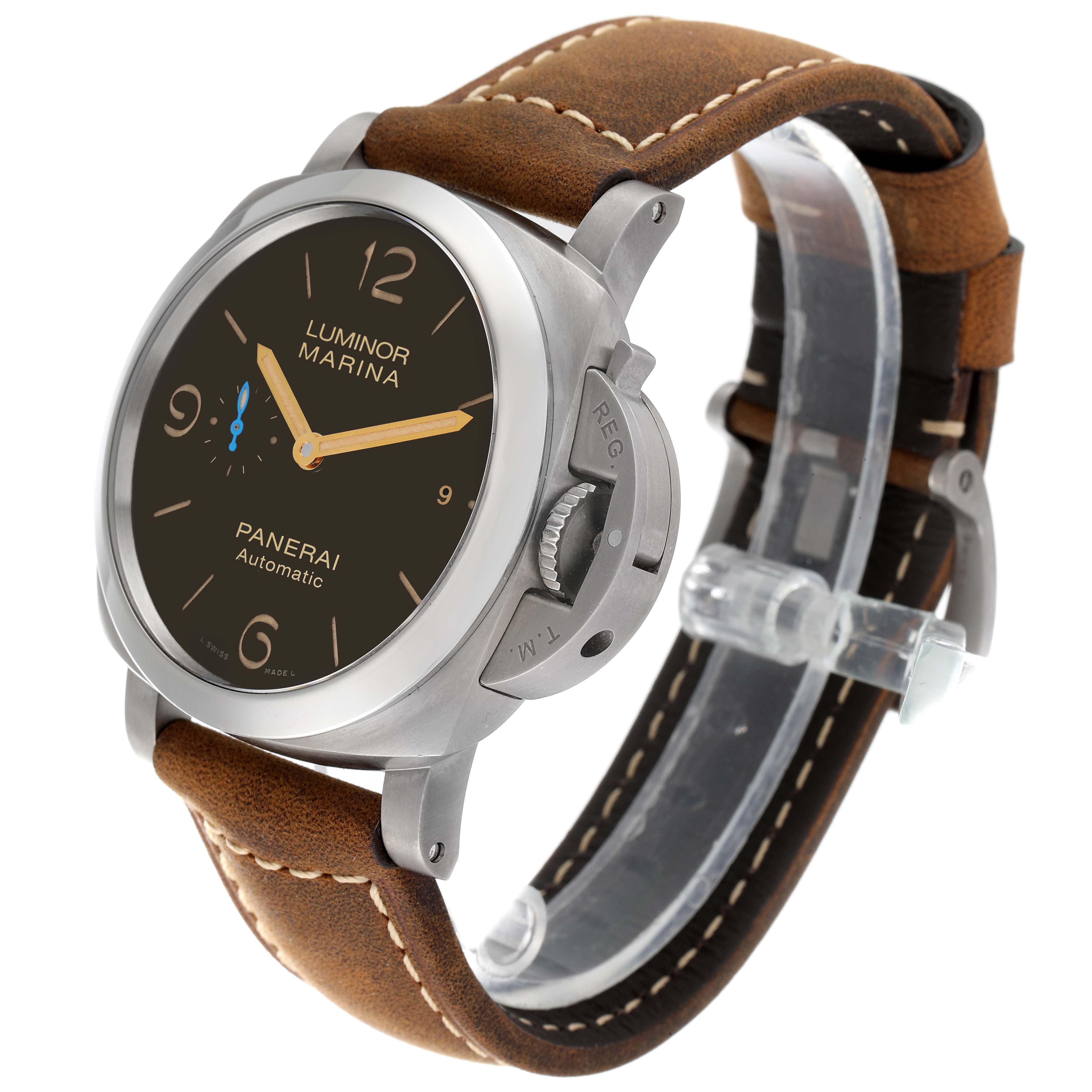 The image shows a side-front angle of a Panerai Luminor PAM01351 Men's Titanium Brown Dial PAM01351 Men's Titanium Brown Dial watch, highlighting the dial, crown guard, and leather strap.
