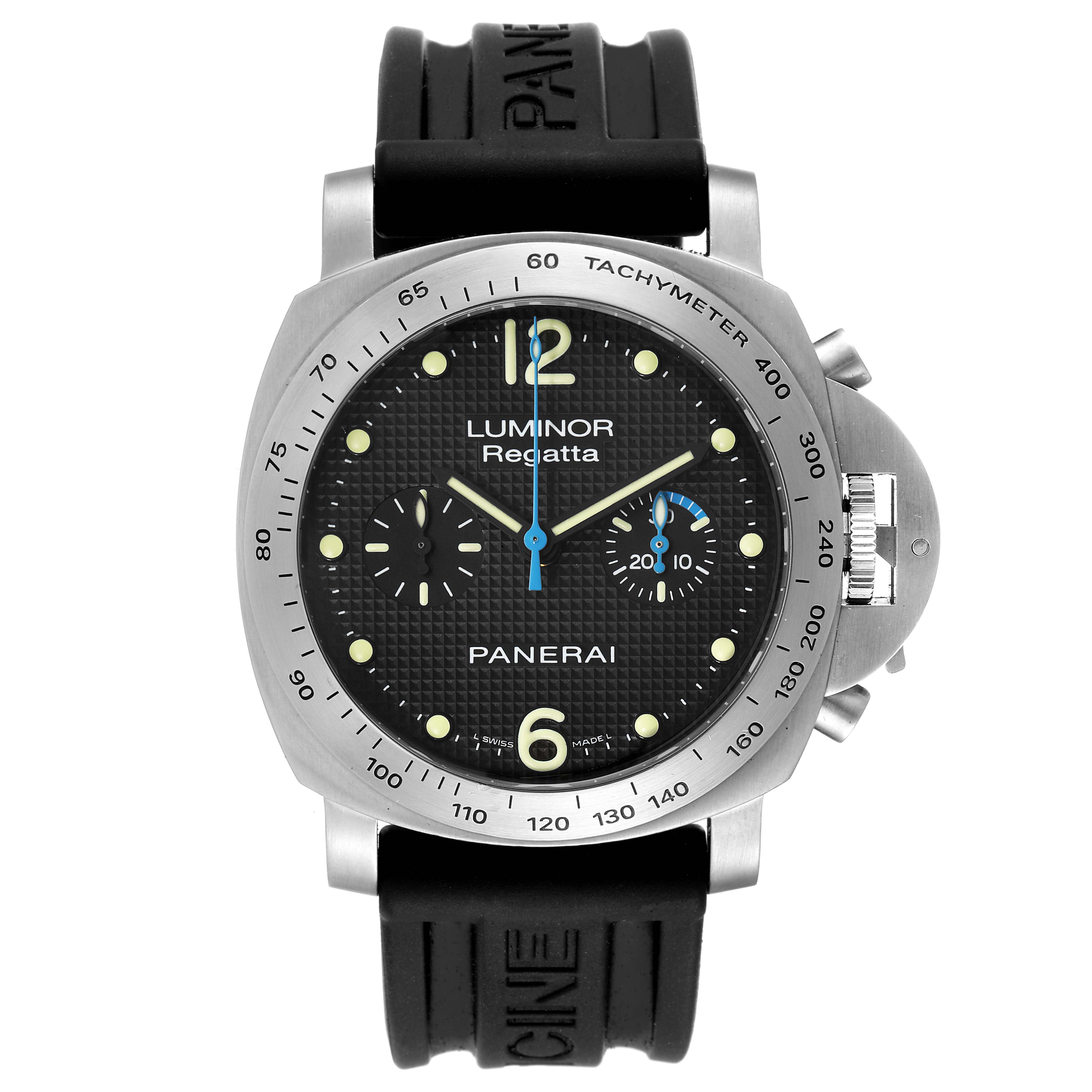 The image shows a front view of a Panerai Luminor PAM00308 Men's Stainless Steel Black Dial PAM00308 Men's Stainless Steel Black Dial Regatta watch, highlighting the dial, bezel, and black rubber strap.