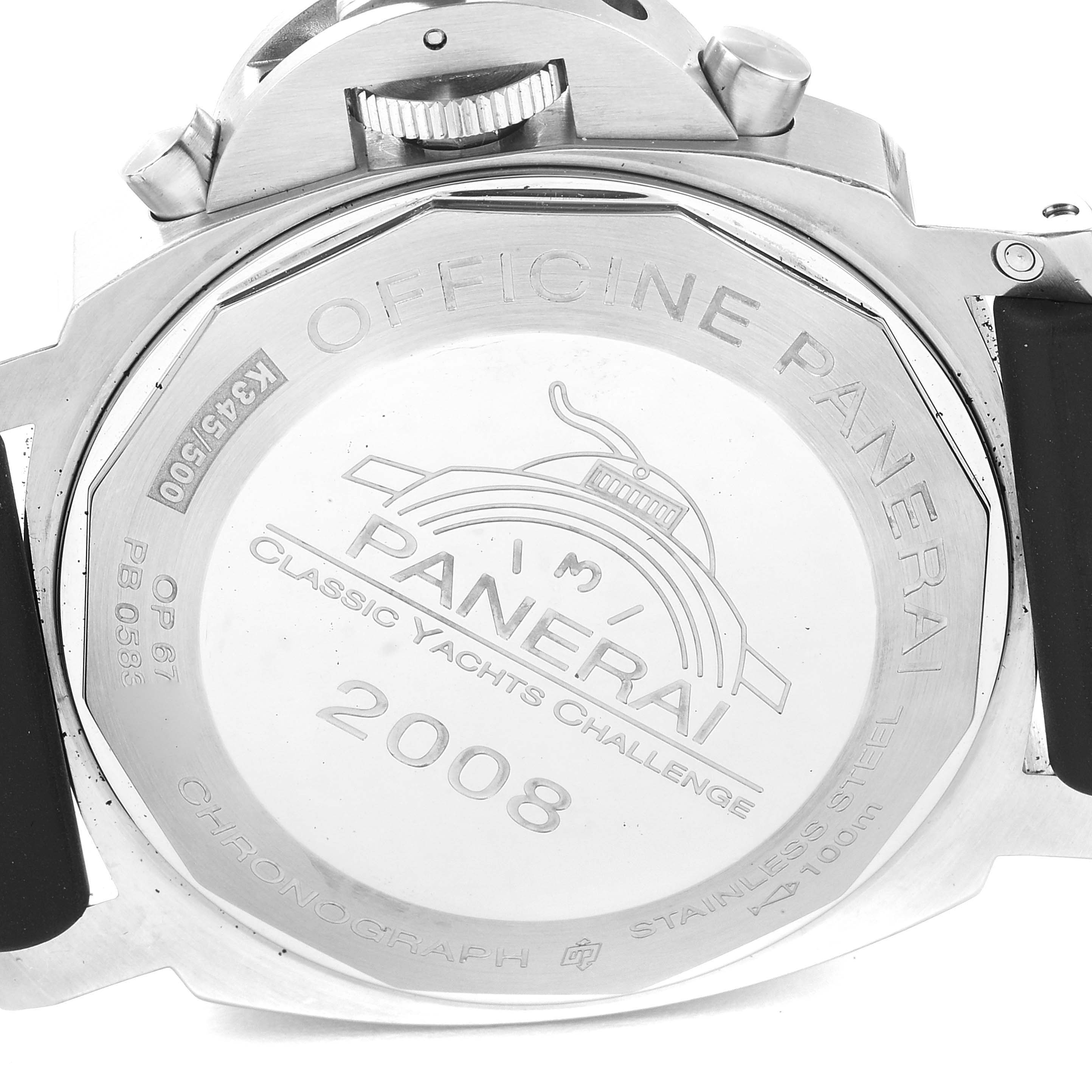 The image shows the case back of a Panerai Luminor PAM00308 Men's Stainless Steel Black Dial PAM00308 Men's Stainless Steel Black Dial watch, displaying engravings and a rubber strap attachment.