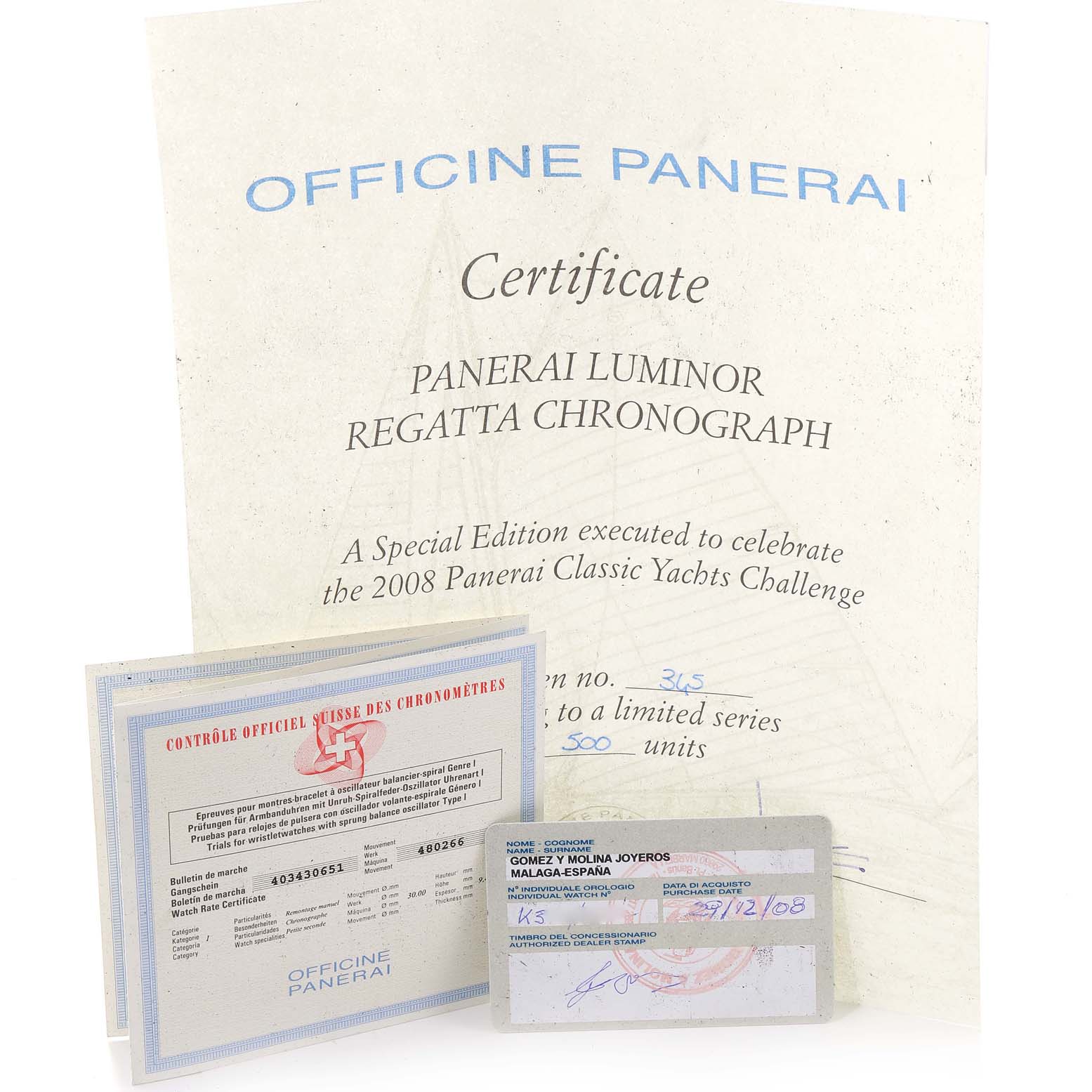 The image shows certificates and documents for the Panerai Luminor PAM00308 Men's Stainless Steel Black Dial PAM00308 Men's Stainless Steel Black Dial Regatta Chronograph watch.