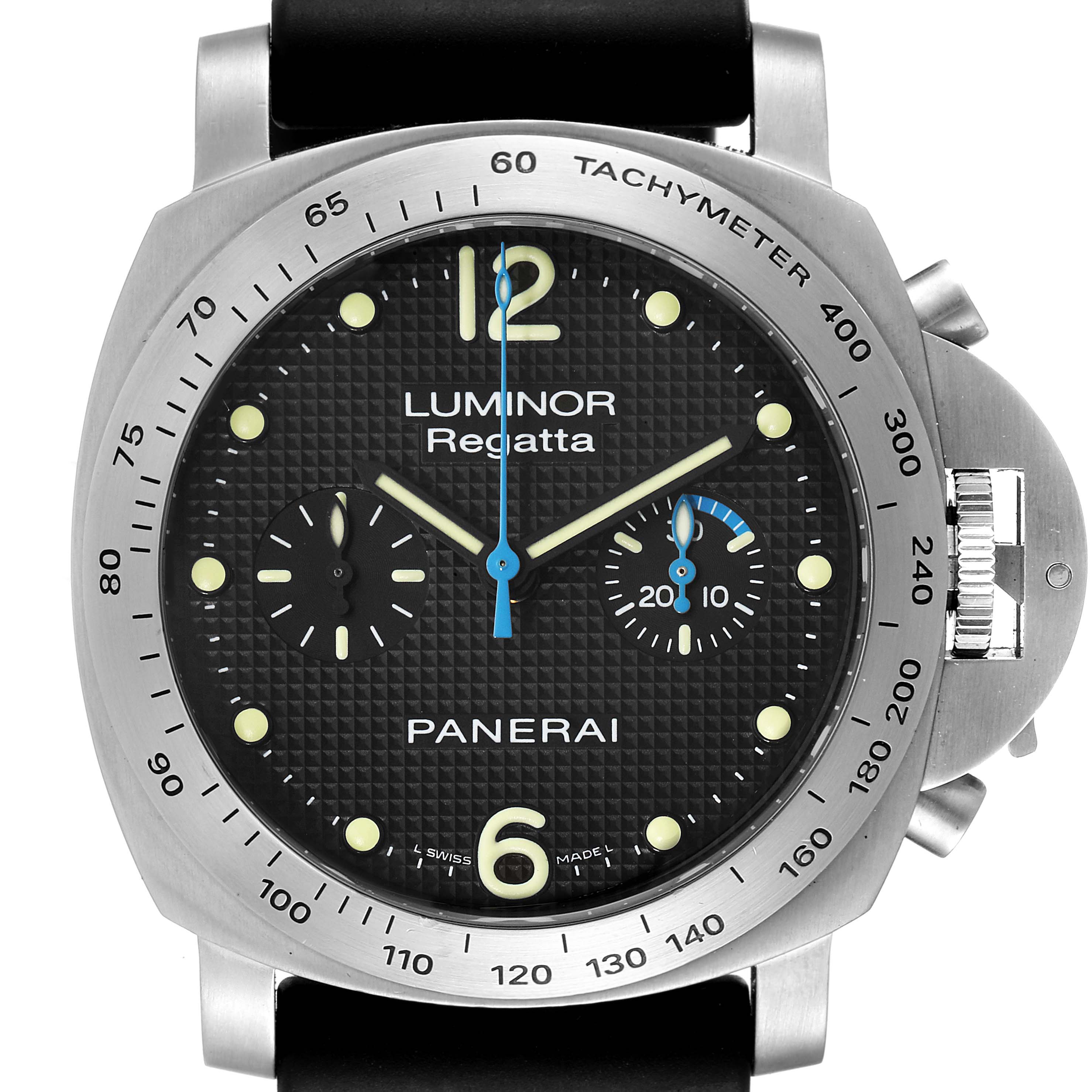 The image shows a front view of the Panerai Luminor PAM00308 Men's Stainless Steel Black Dial PAM00308 Men's Stainless Steel Black Dial Regatta watch, highlighting its dial, tachymeter, and crown.