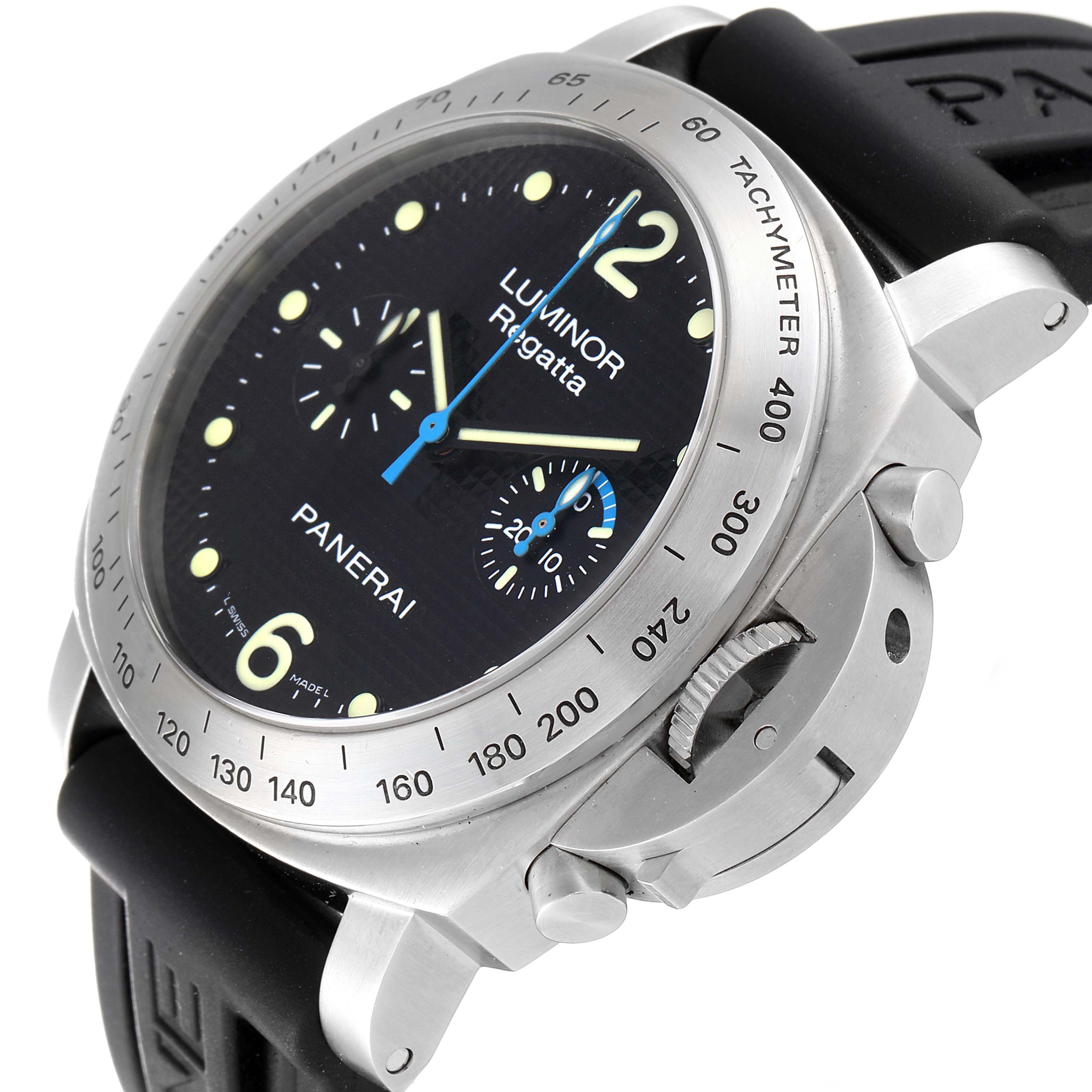 The image shows a close-up of the Panerai Luminor PAM00308 Men's Stainless Steel Black Dial PAM00308 Men's Stainless Steel Black Dial Regatta watch from an angle highlighting the face, bezel, and crown guard.