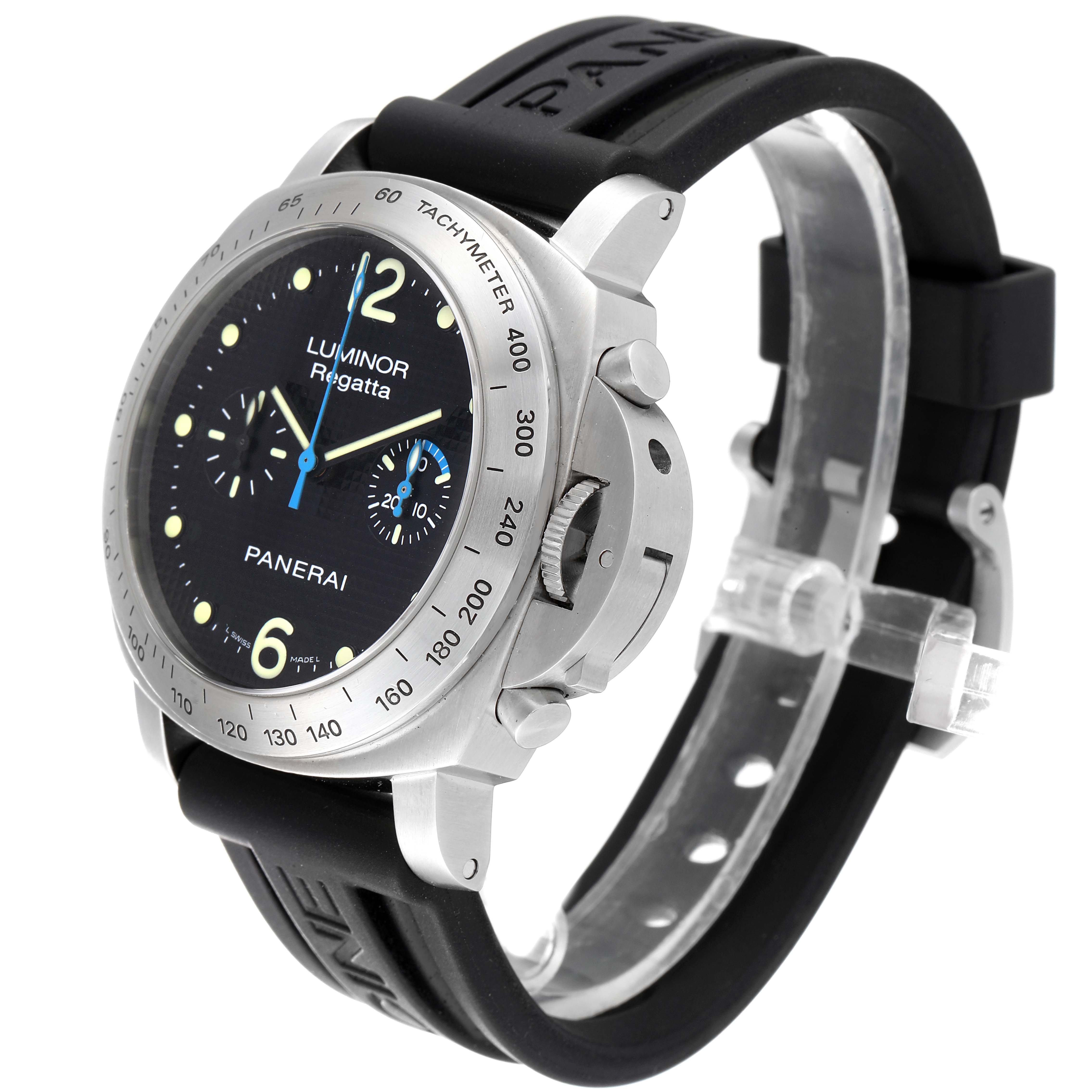 The image shows a Panerai Luminor PAM00308 Men's Stainless Steel Black Dial PAM00308 Men's Stainless Steel Black Dial Regatta watch at a three-quarter angle, highlighting the face, bezel, and strap.