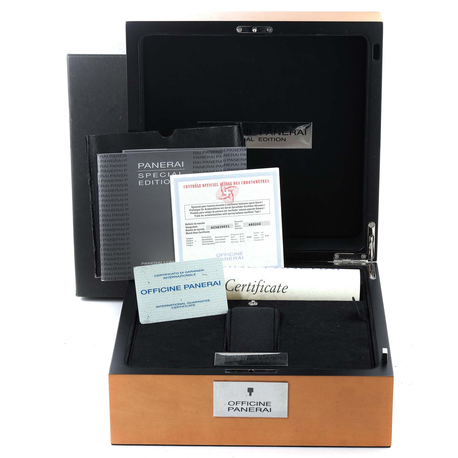 The image shows the packaging and documentation for a Panerai Luminor PAM00308 Men's Stainless Steel Black Dial PAM00308 Men's Stainless Steel Black Dial, including certificates and a display box.