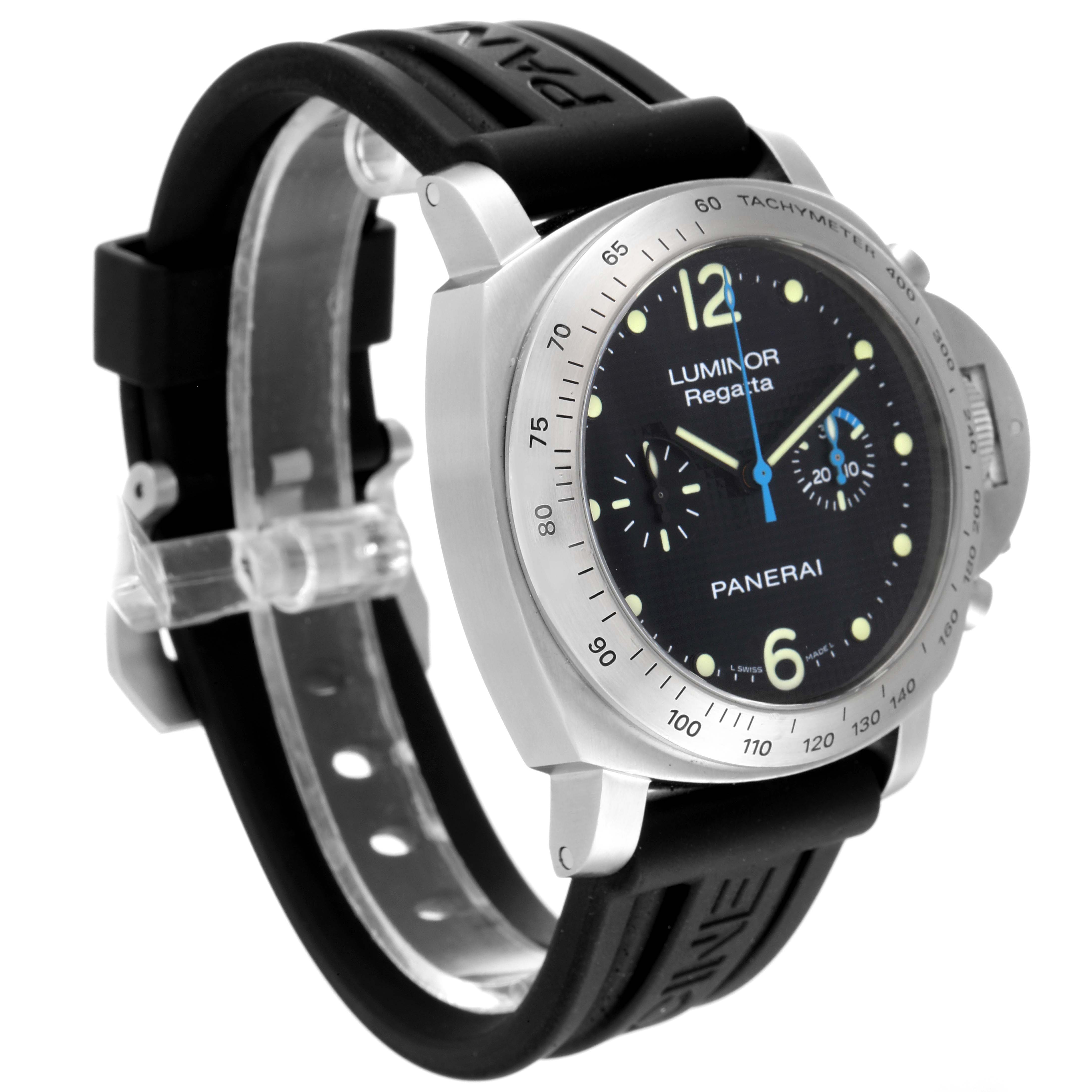 The image shows a Panerai Luminor PAM00308 Men's Stainless Steel Black Dial PAM00308 Men's Stainless Steel Black Dial Regatta watch at an angle highlighting its face, bezel, and black rubber strap.