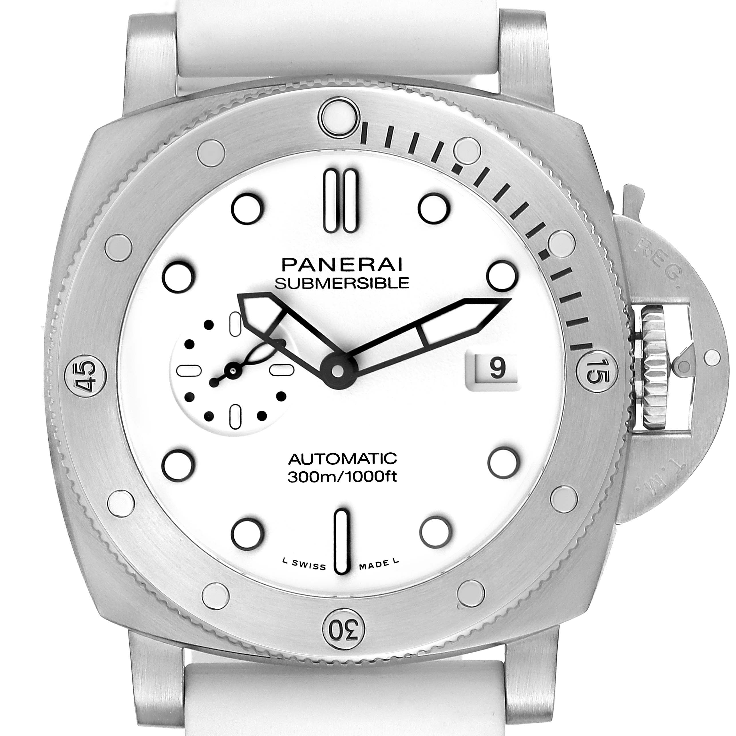 The image shows a frontal view of the Panerai Submersible PAM01226 Men
s Stainless Steel White Dial PAM01226 Men
s Stainless Steel White Dial watch, highlighting its white dial, bezel, and crown guard.