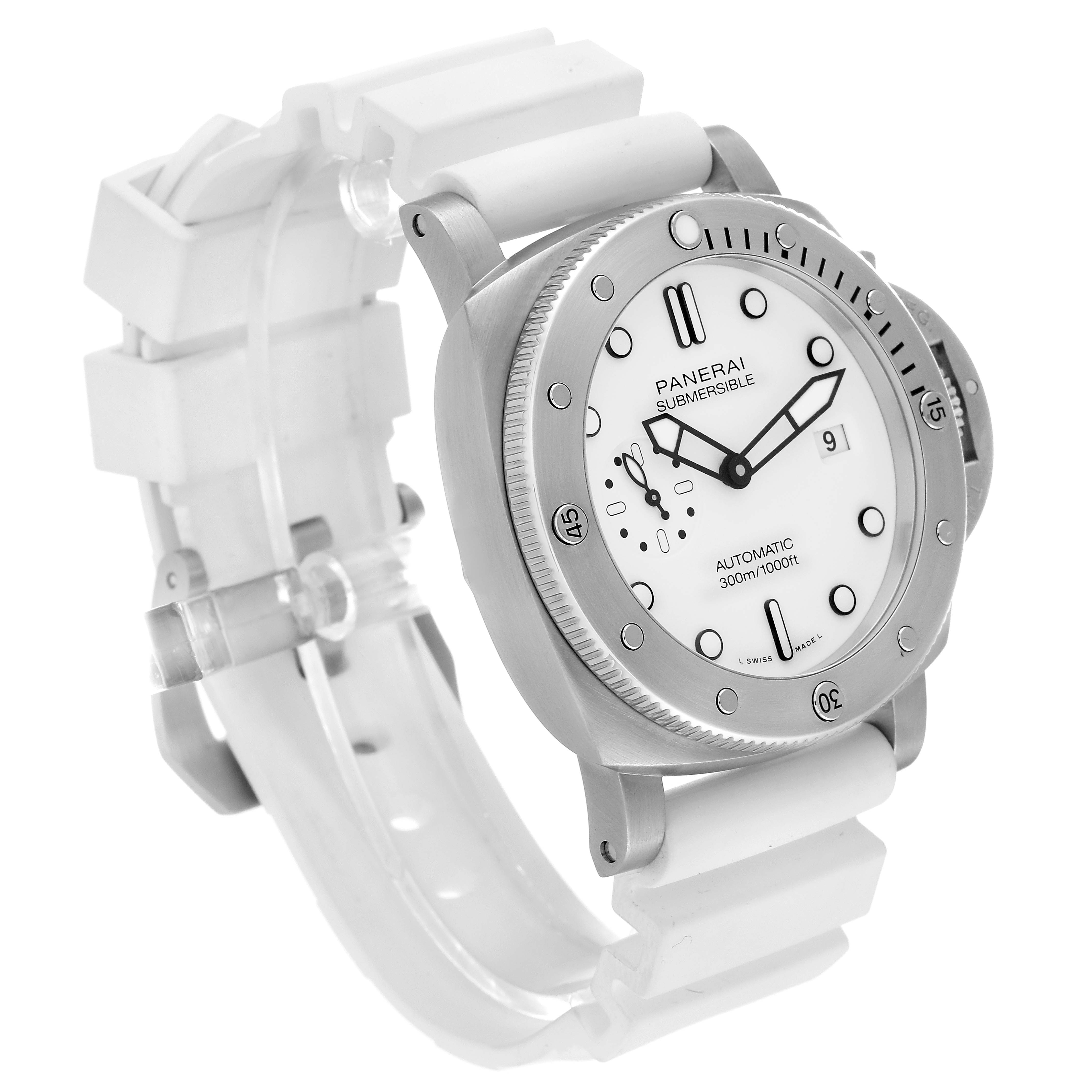 The image shows the Panerai Submersible PAM01226 Men
s Stainless Steel White Dial PAM01226 Men
s Stainless Steel White Dial watch at an angled view, highlighting its face, bezel, and white rubber strap.
