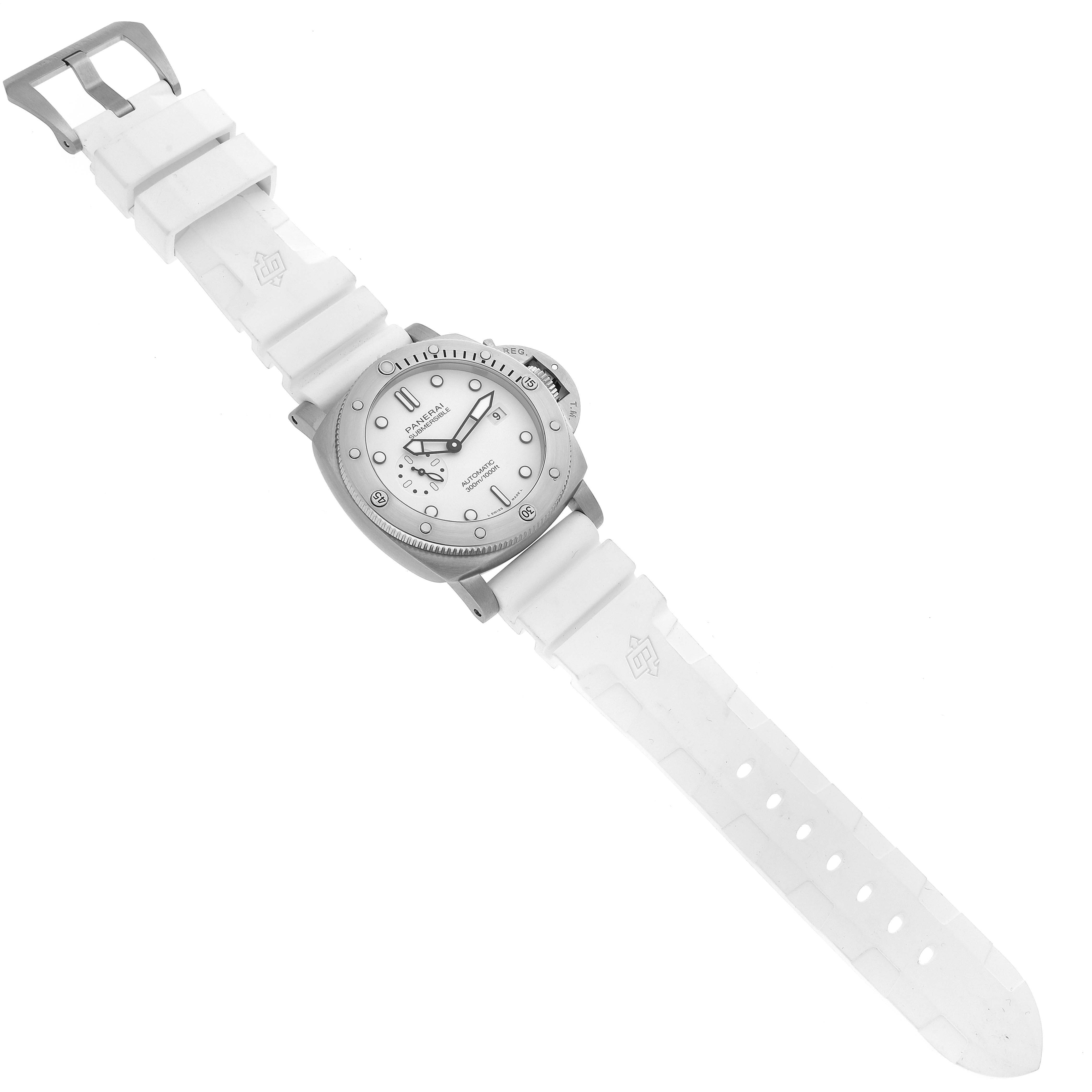 The Panerai Submersible PAM01226 Men
s Stainless Steel White Dial PAM01226 Men
s Stainless Steel White Dial watch is shown from an angled overhead view, highlighting the watch face, case, and white strap.