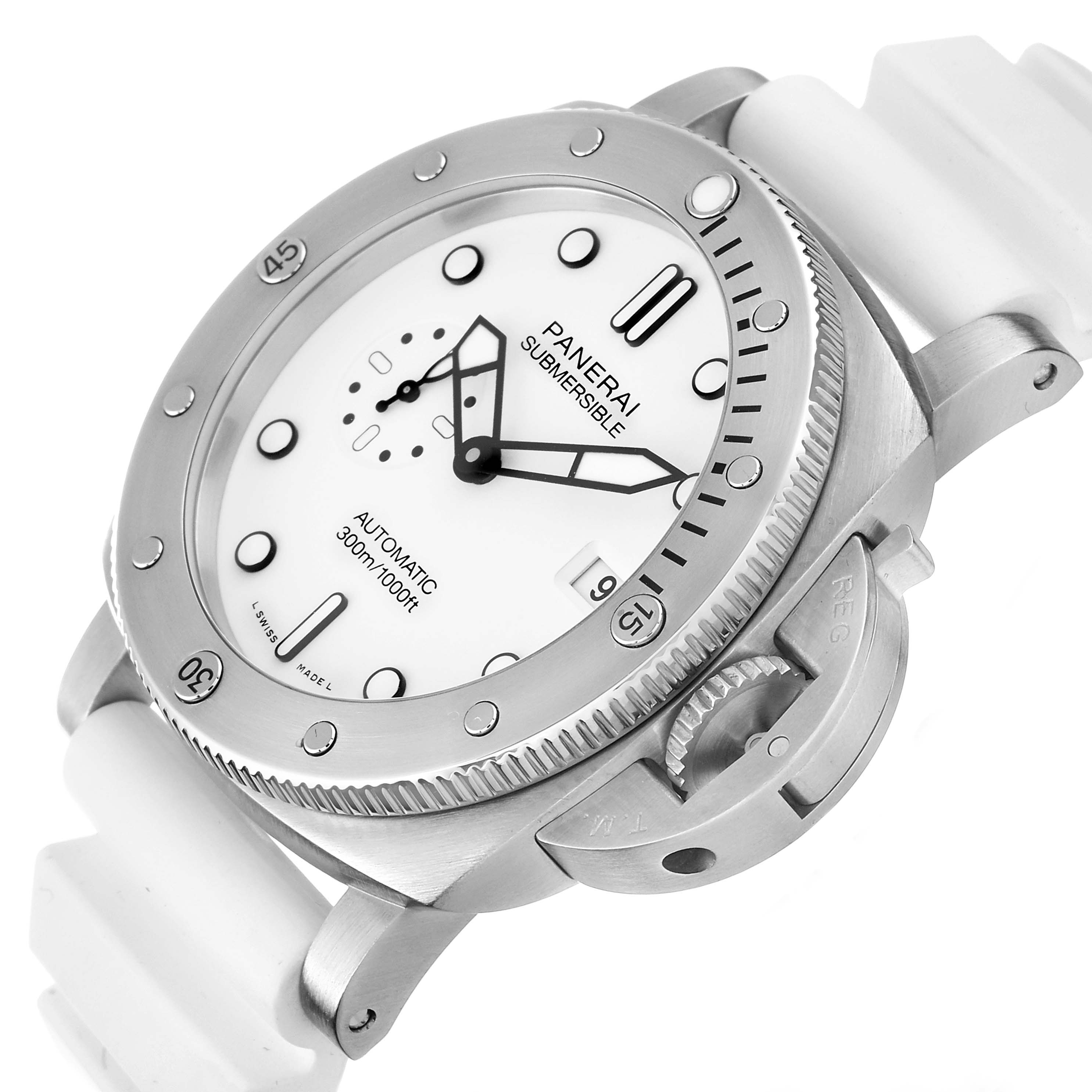 The image shows a Panerai Submersible PAM01226 Men
s Stainless Steel White Dial PAM01226 Men
s Stainless Steel White Dial watch with a white dial and a white strap, viewed from an angle emphasizing the bezel and dial.