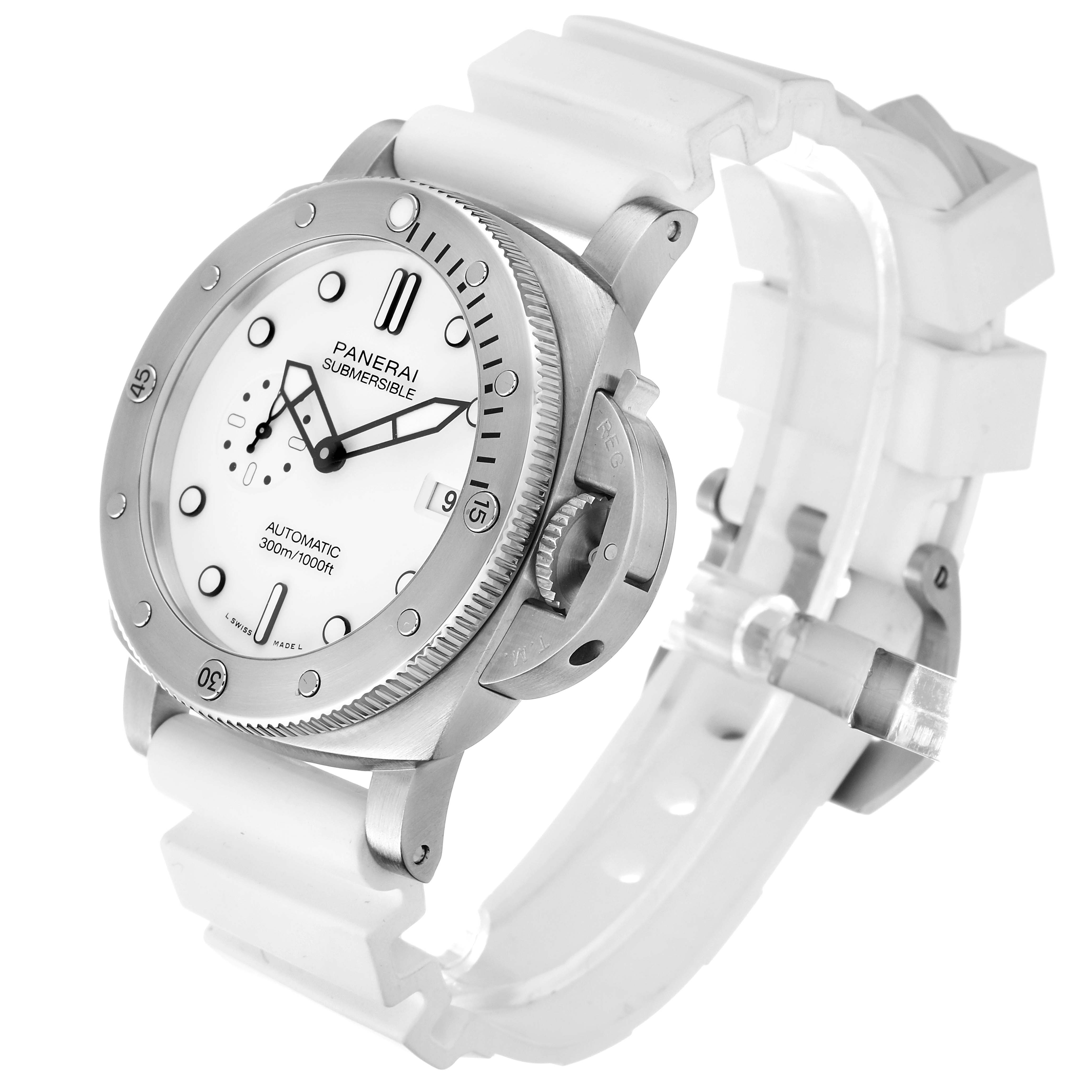 The image shows a Panerai Submersible PAM01226 Men
s Stainless Steel White Dial PAM01226 Men
s Stainless Steel White Dial watch at a three-quarter angle, highlighting the face, bezel, crown guard, and white strap.