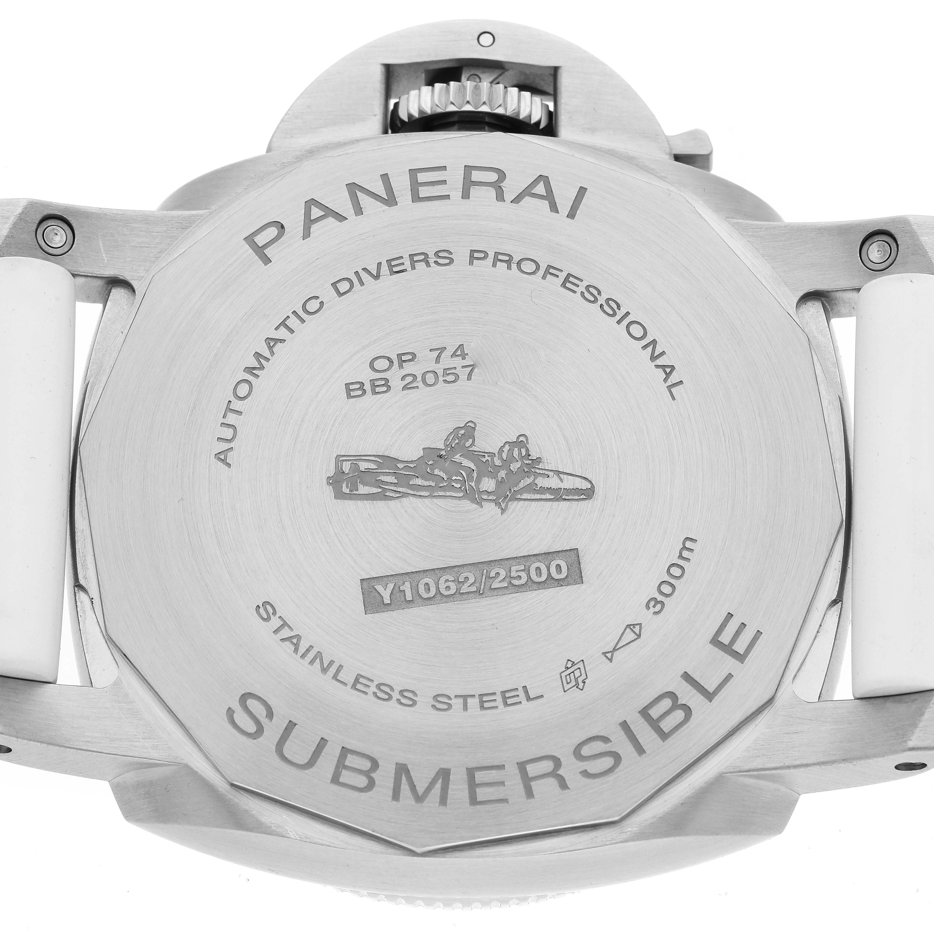 This image shows the back case of a Panerai Submersible PAM01226 Men
s Stainless Steel White Dial PAM01226 Men
s Stainless Steel White Dial watch, highlighting engravings and specifications.